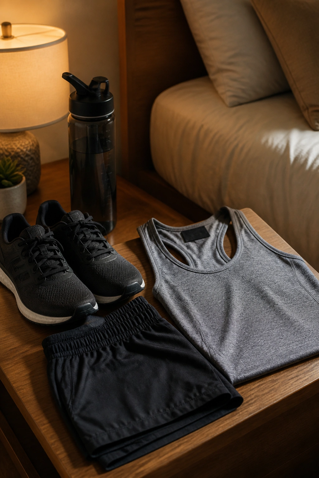 Neatly arranged workout clothes on bed in bedroom