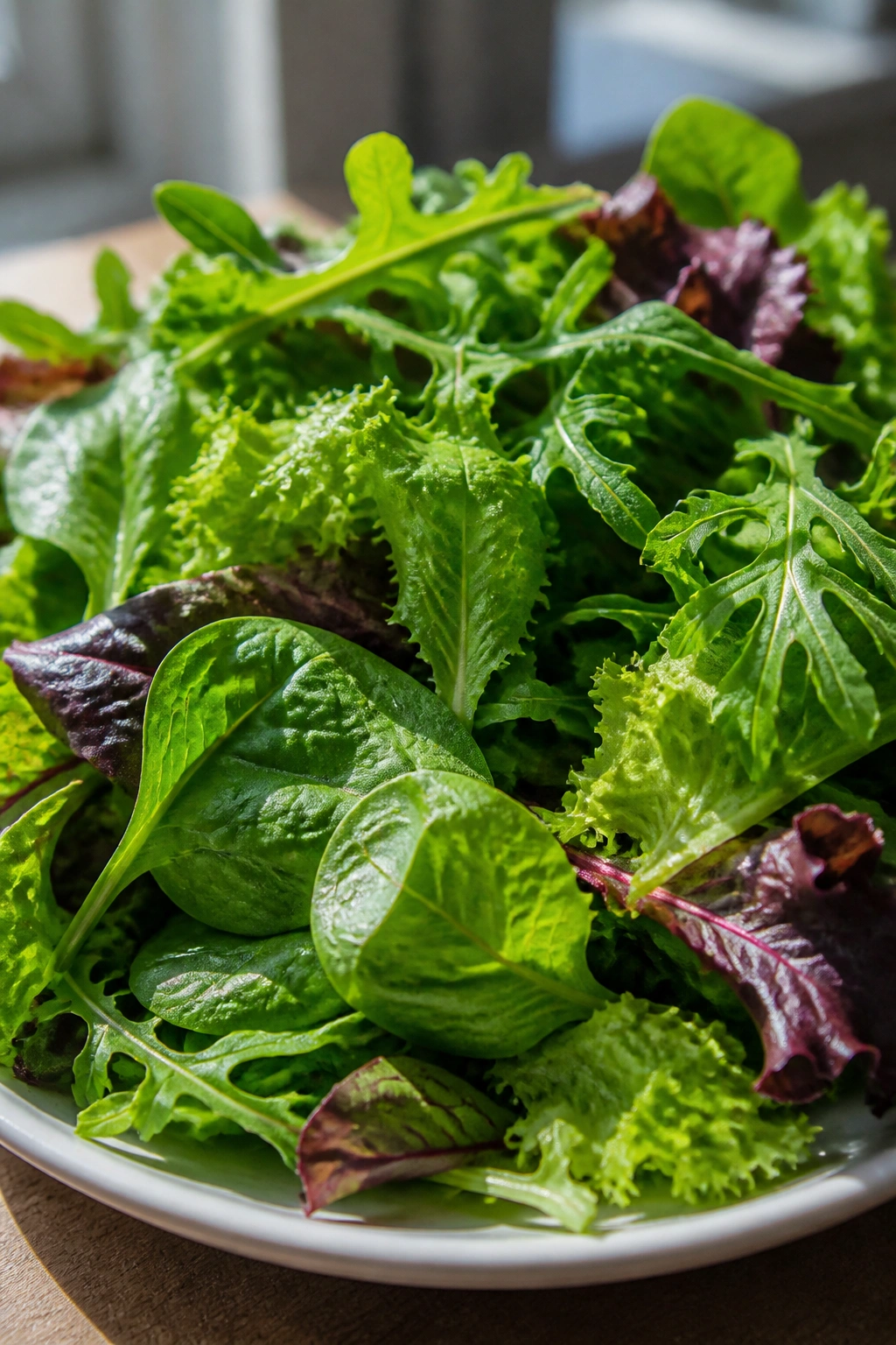 Close-up of fresh leafy greens on a plate with natural light