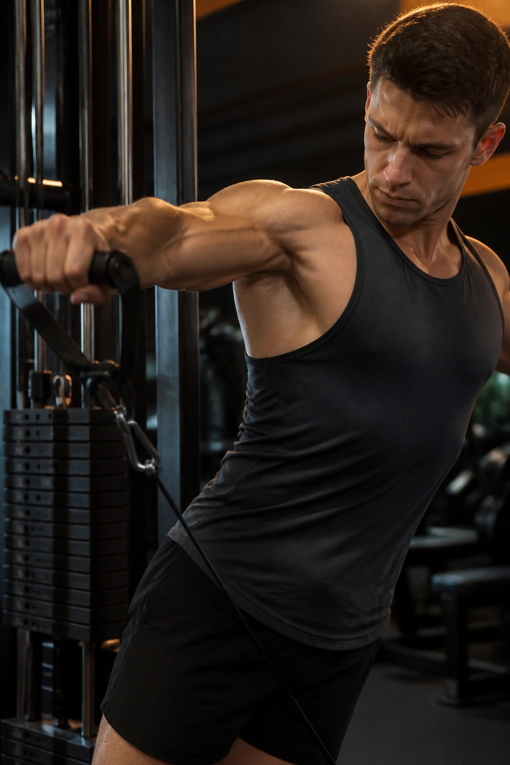 Close-up of a real athlete performing a lean-away cable lateral raise focusing on the shoulder in a gym