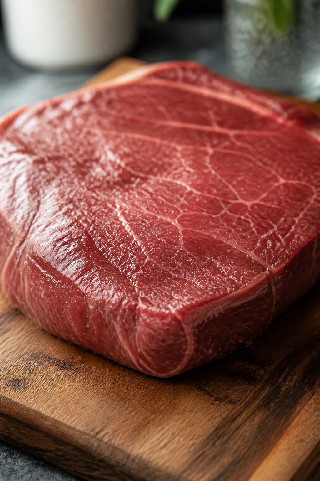Lean beef sirloin close-up, high-protein red meat.
