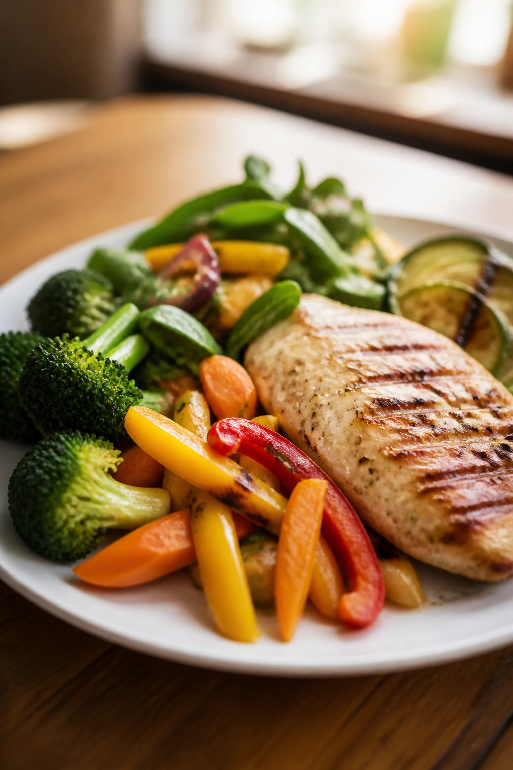 Plate with lean grilled chicken and vibrant vegetables