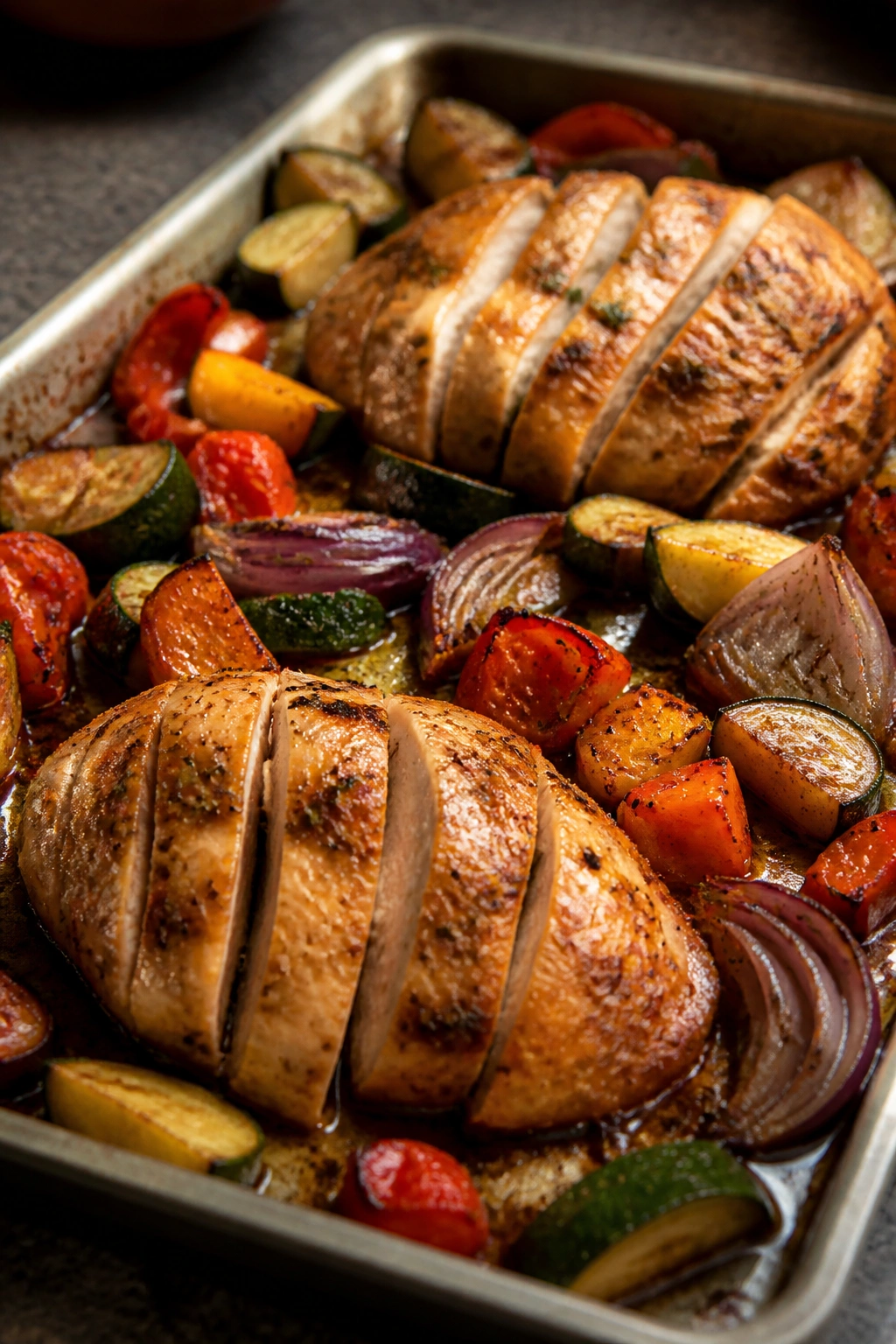 Sheet pan with roasted chicken and vegetables ready for leftovers