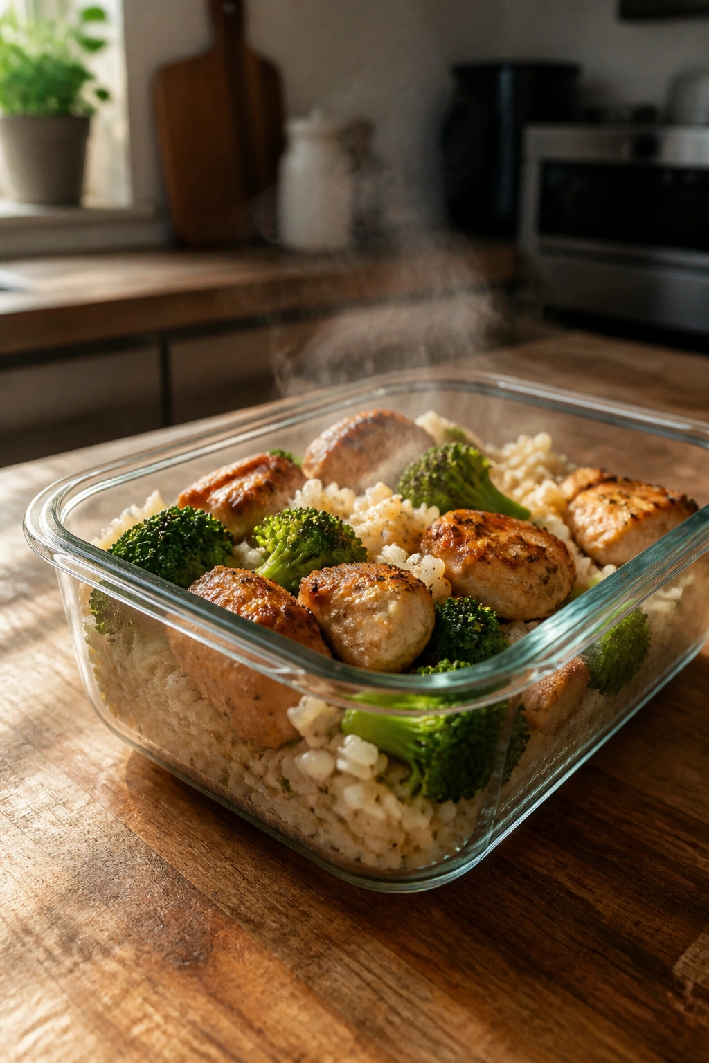 Close-up of reheated chicken and rice in a glass meal prep container on a wooden kitchen counter.