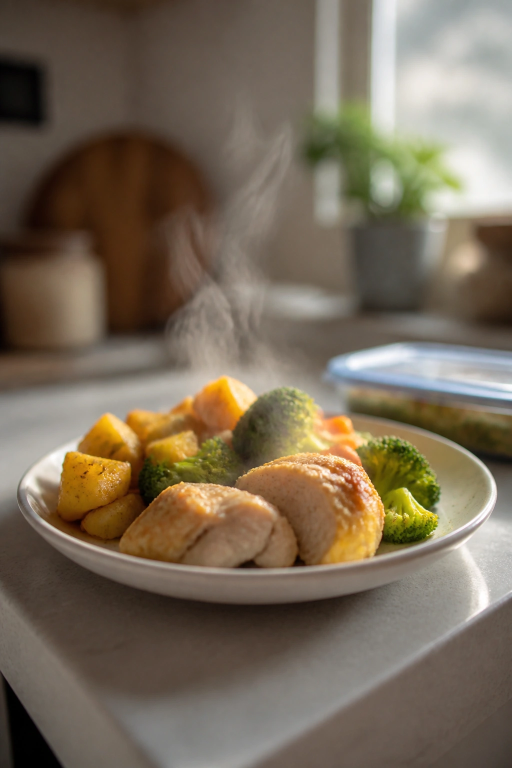 Steaming plate of reheated leftovers on a kitchen counter