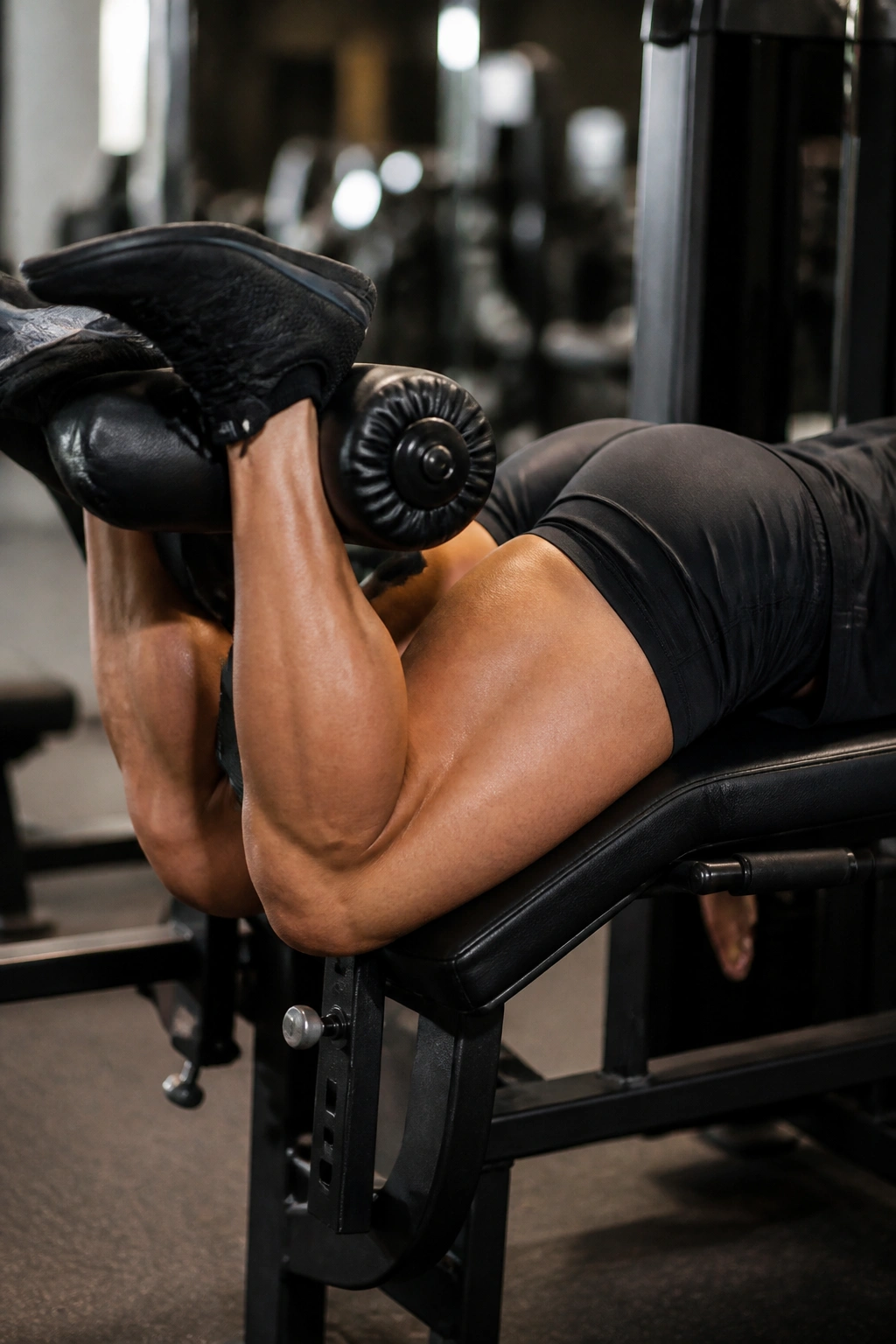 Close-up of leg curling on leg curl machine in gym