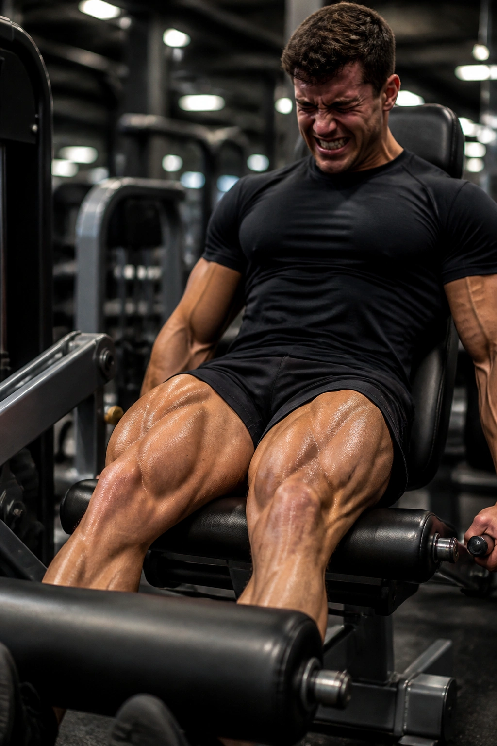 Person on leg extension machine performing high-volume finisher
