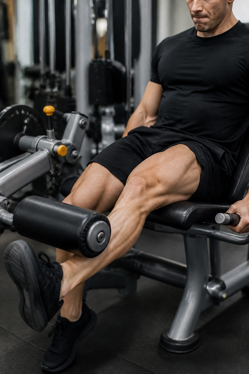 Quadriceps contraction on leg extension machine in gym