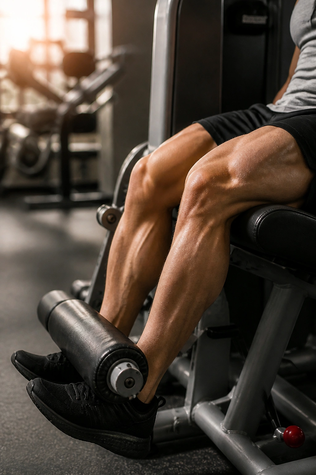 Close-up of leg extension exercise focusing on quad contraction on a leg extension machine