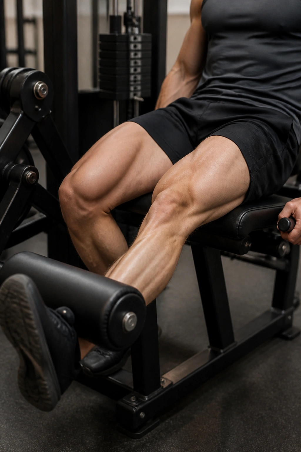 Close-up of leg extending on leg extension machine