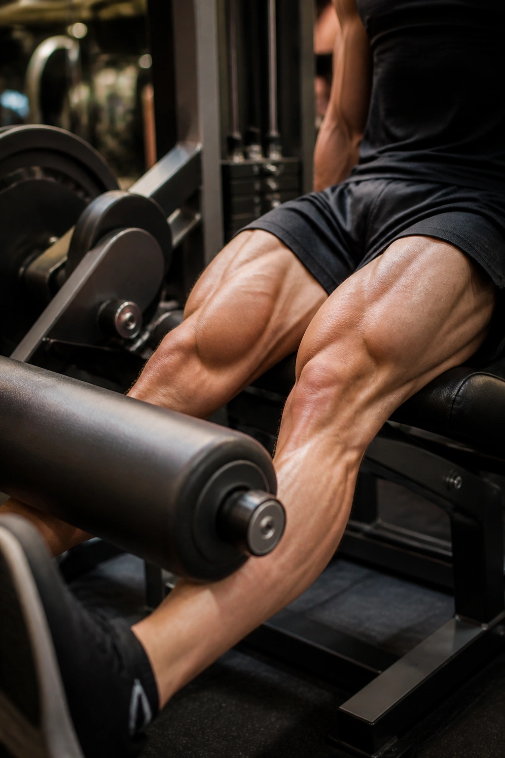 Close-up of leg extending on a leg extension machine showing quad contraction in a gym