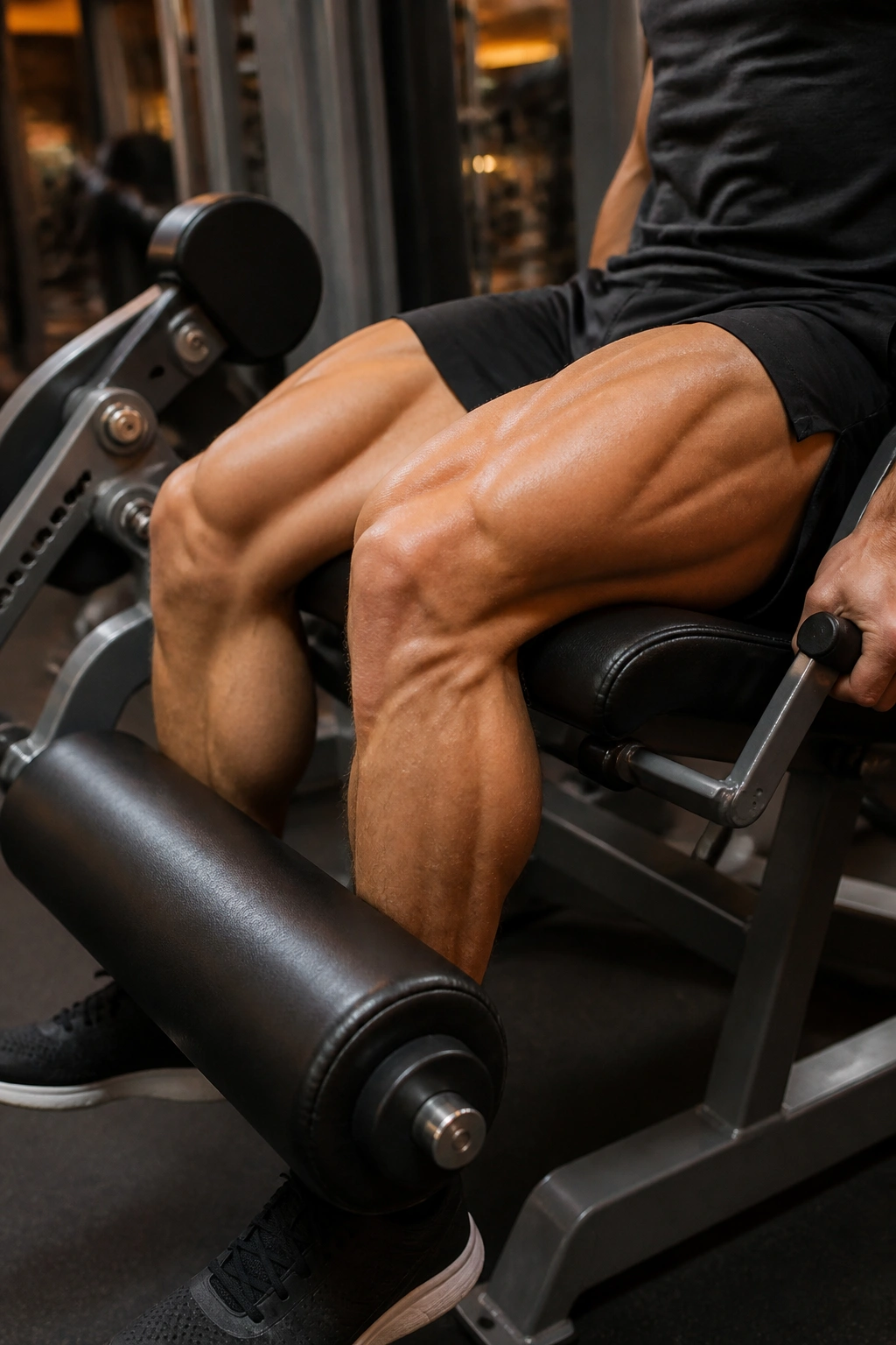 Close-up of leg extension exercise showing engaged quadriceps on machine in gym
