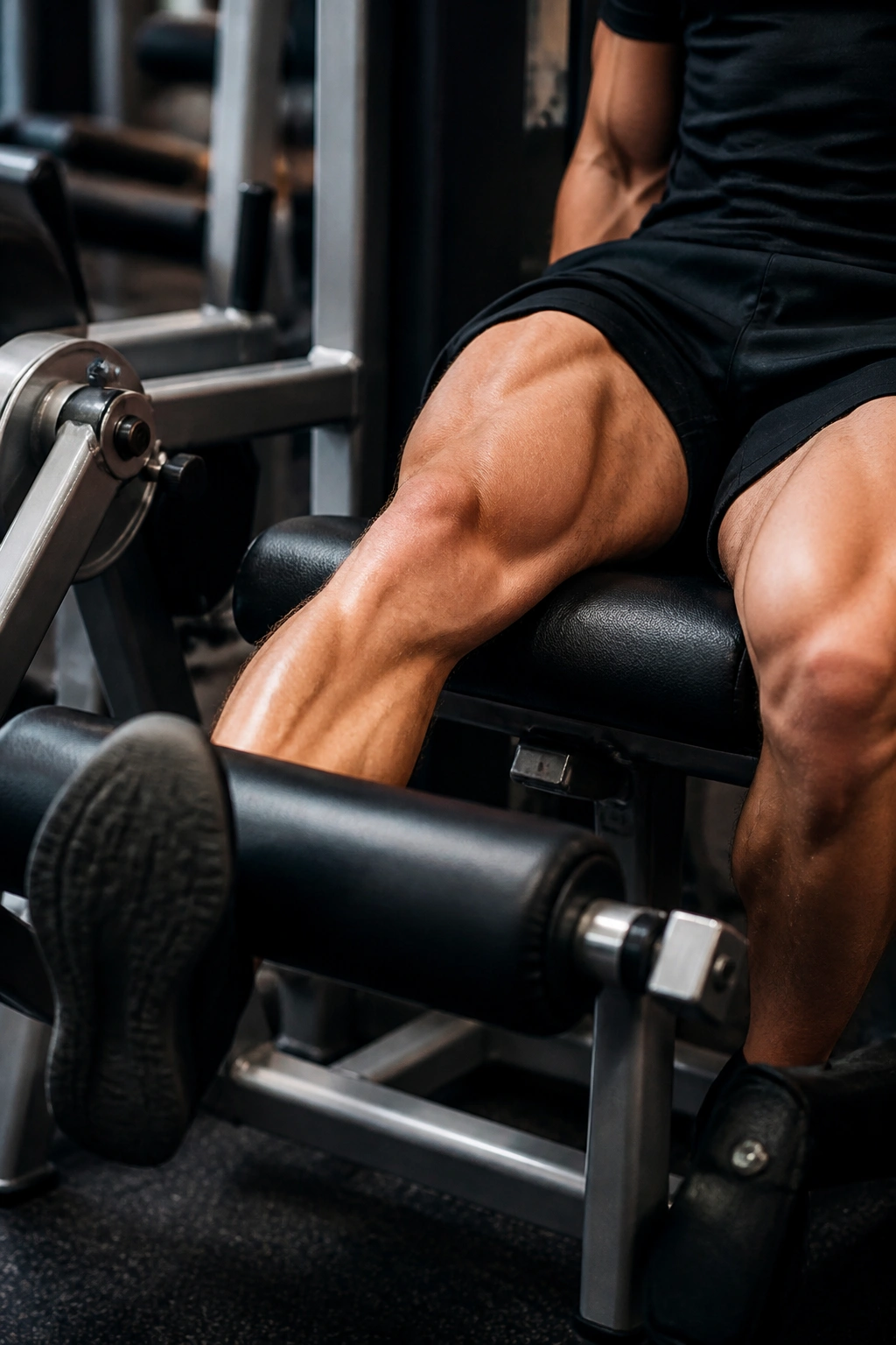 Close-up of leg extending on leg extension machine in gym