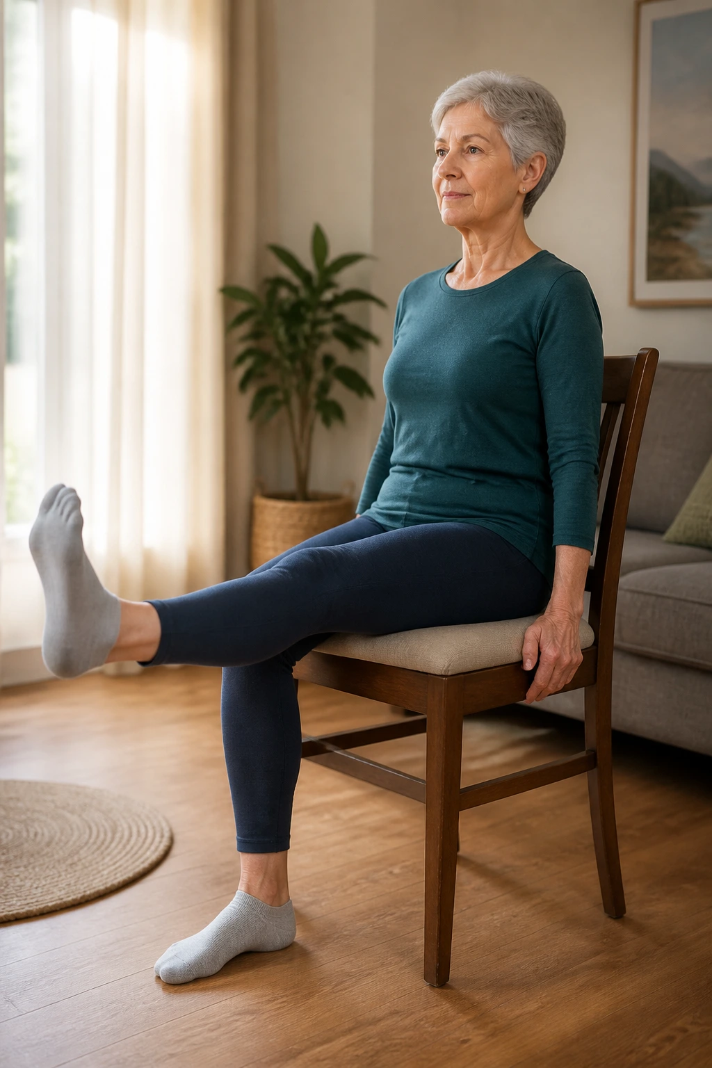 Seated leg extension showing bent knee and extended leg