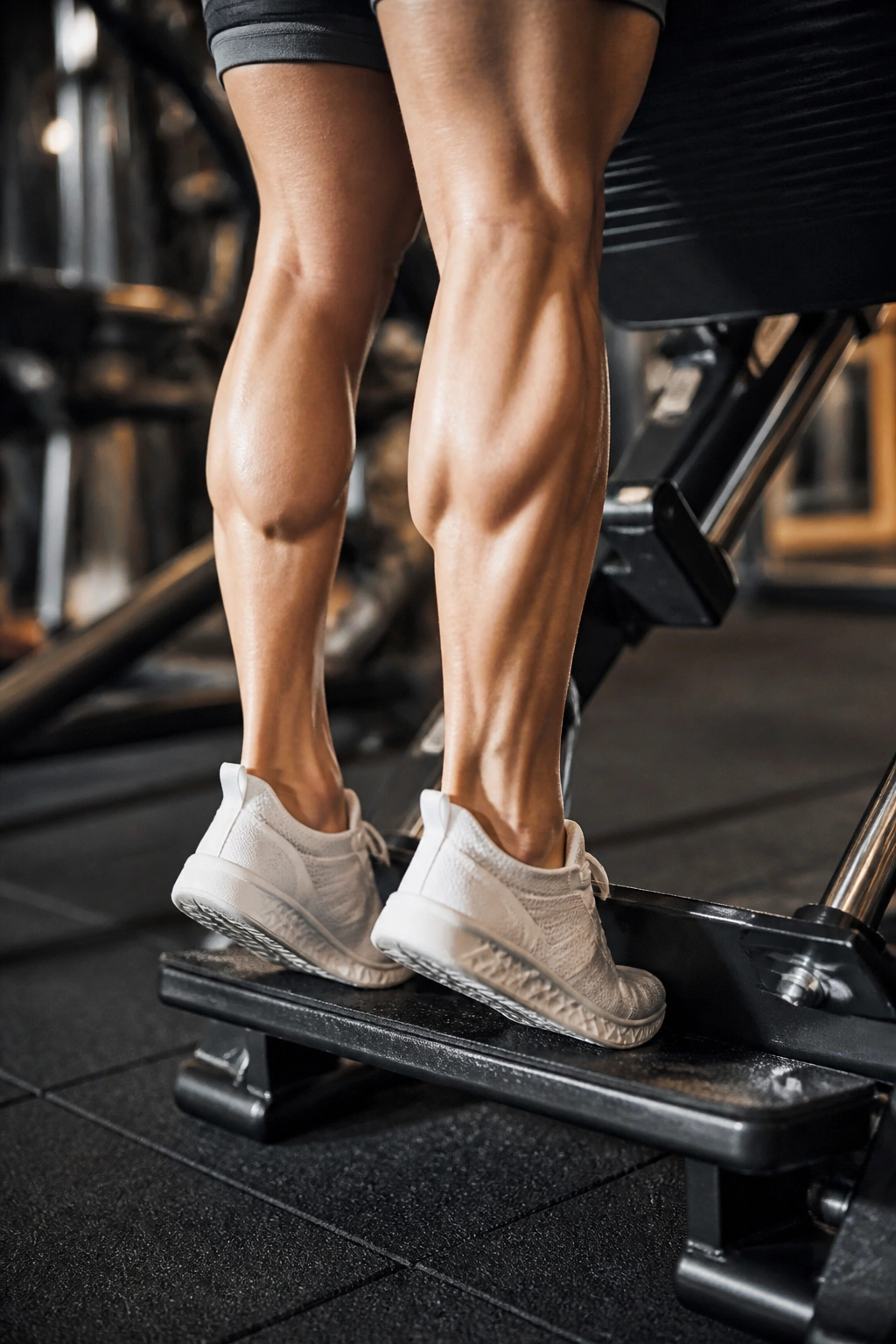 Feet on leg press plate during calf raise