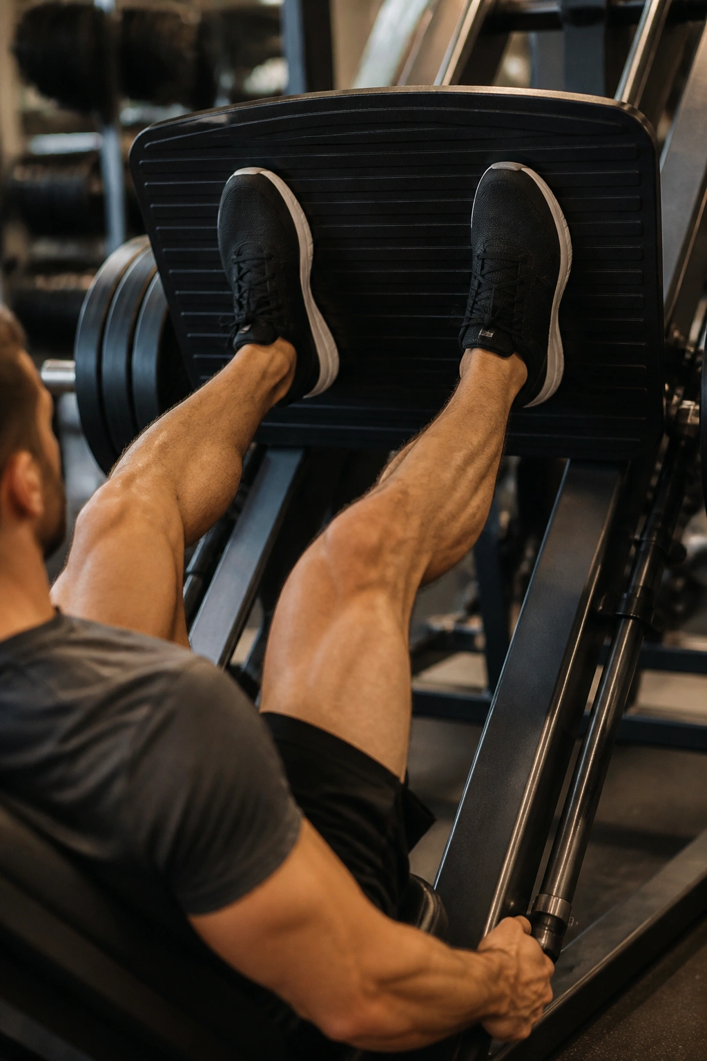 Leg press action close-up of feet and legs on a platform in a gym