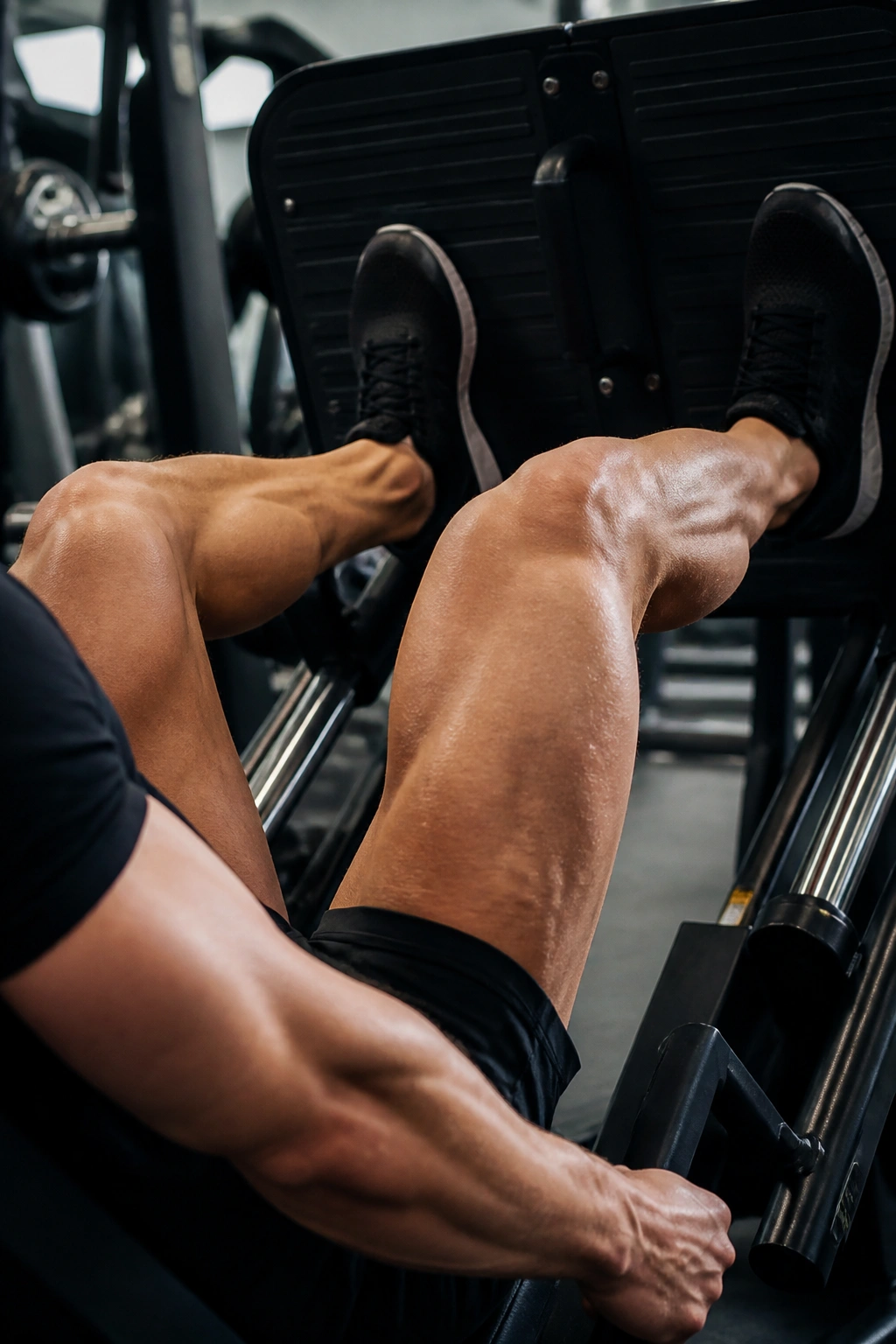 Close-up of legs on Leg Press machine in gym
