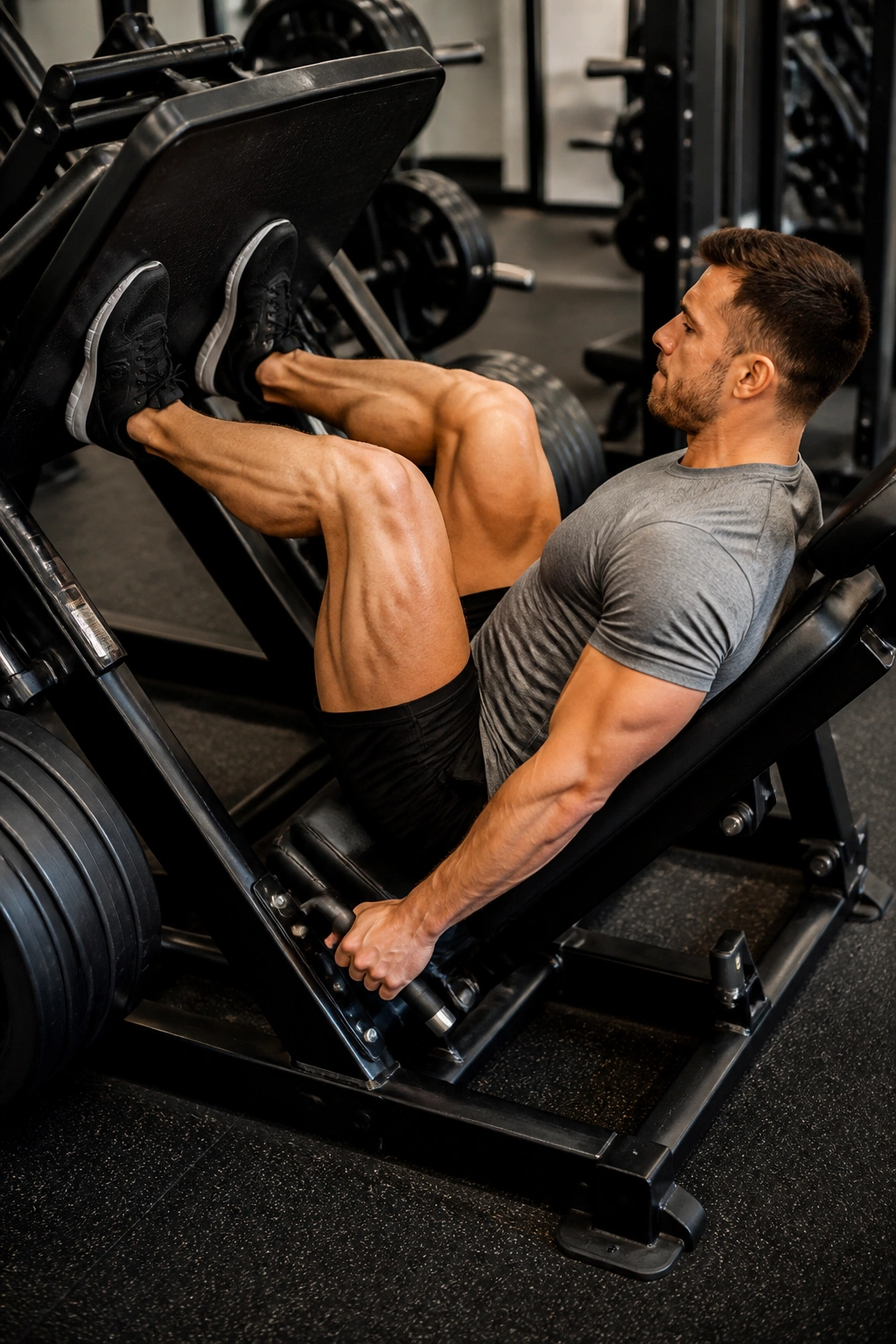 Lifter on leg press machine pushing with legs in gym