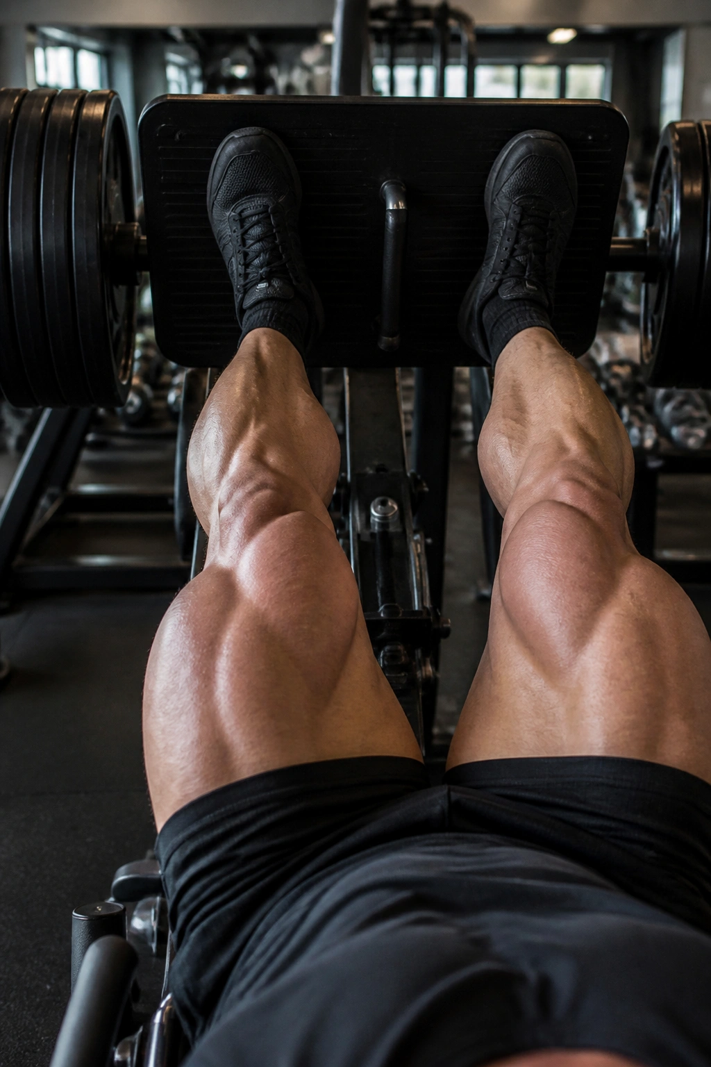 Close-up of legs on a leg press machine showing quad engagement