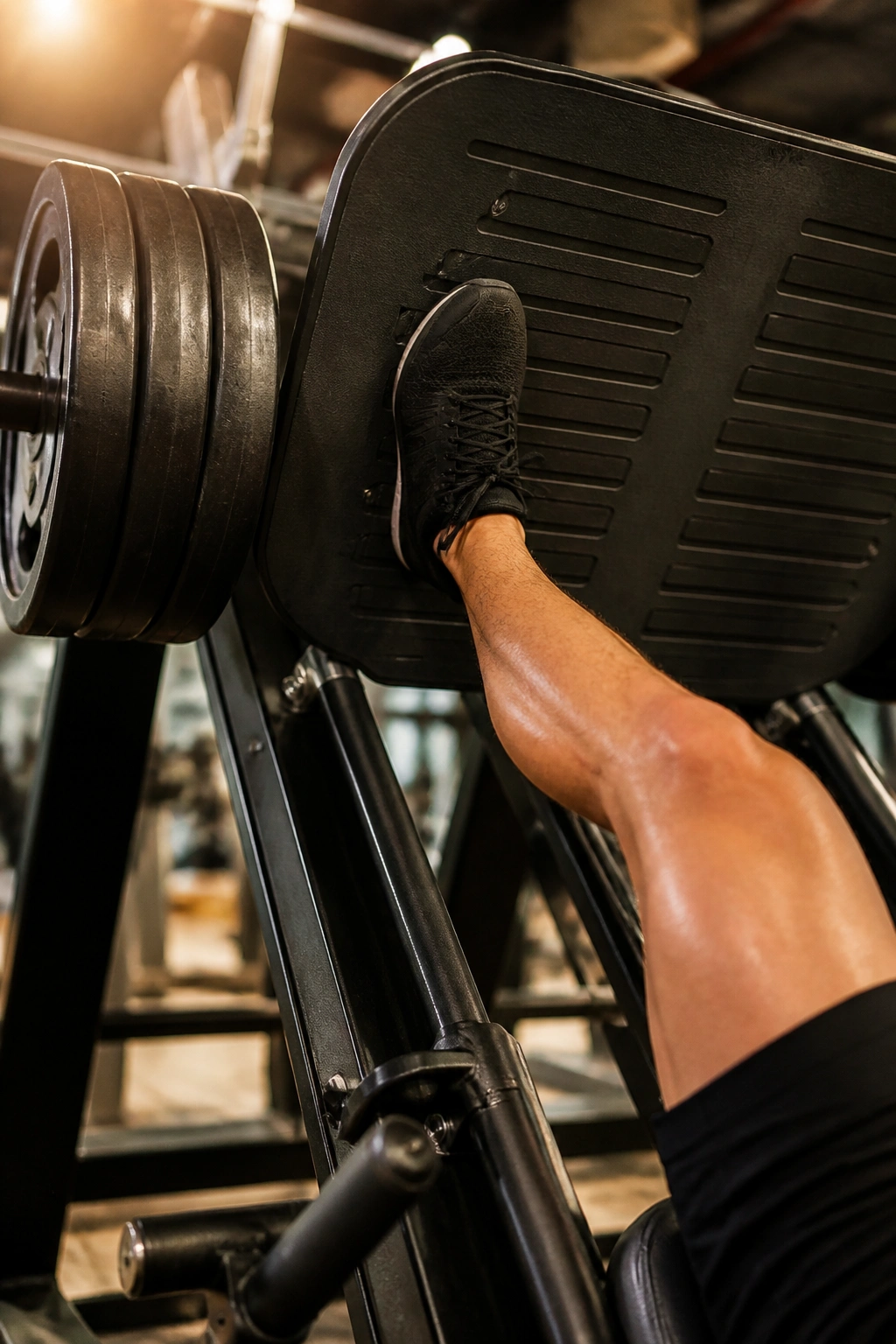 Close-up of a leg press machine's foot platform with engaged leg
