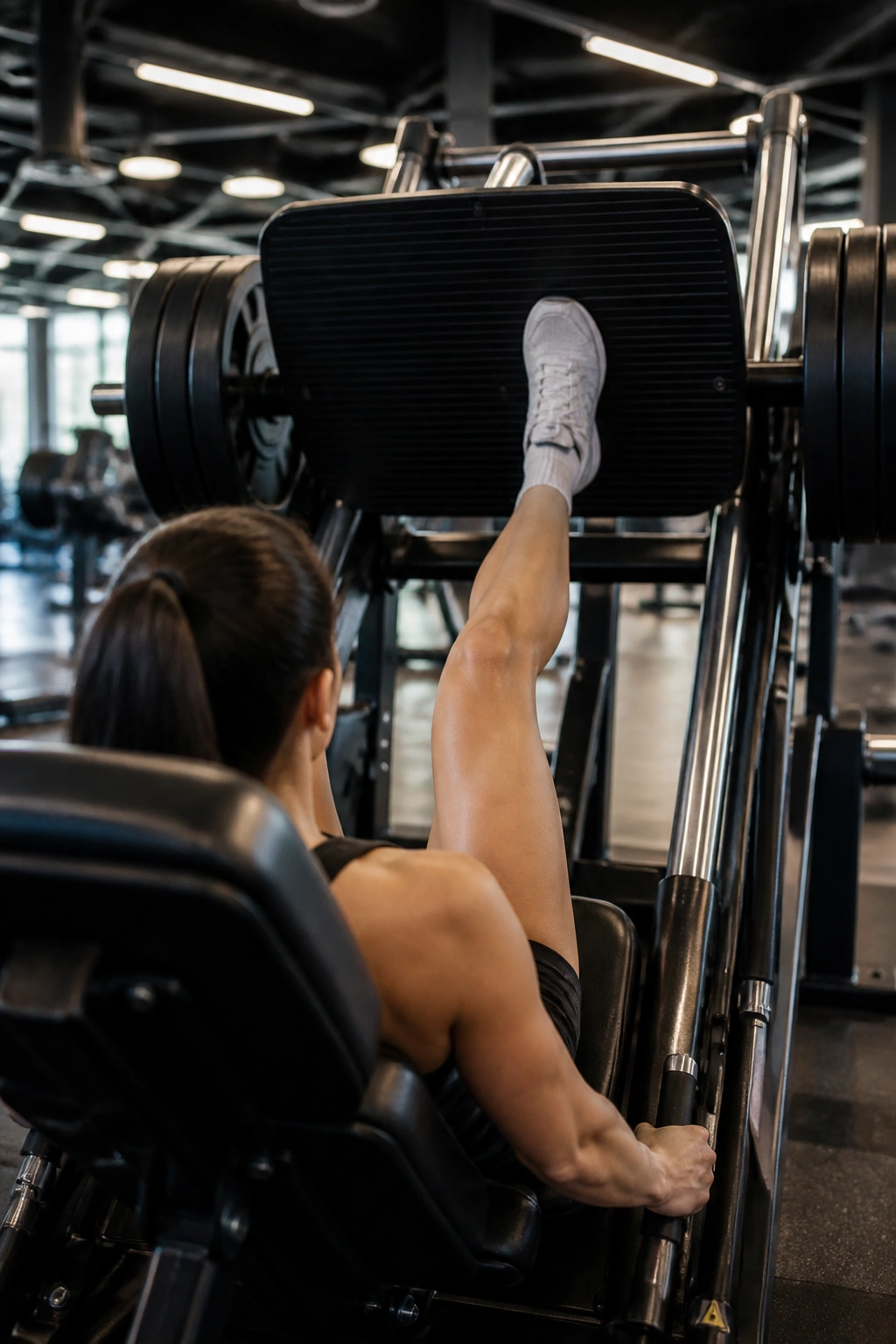 Leg press machine in use by a person in a gym