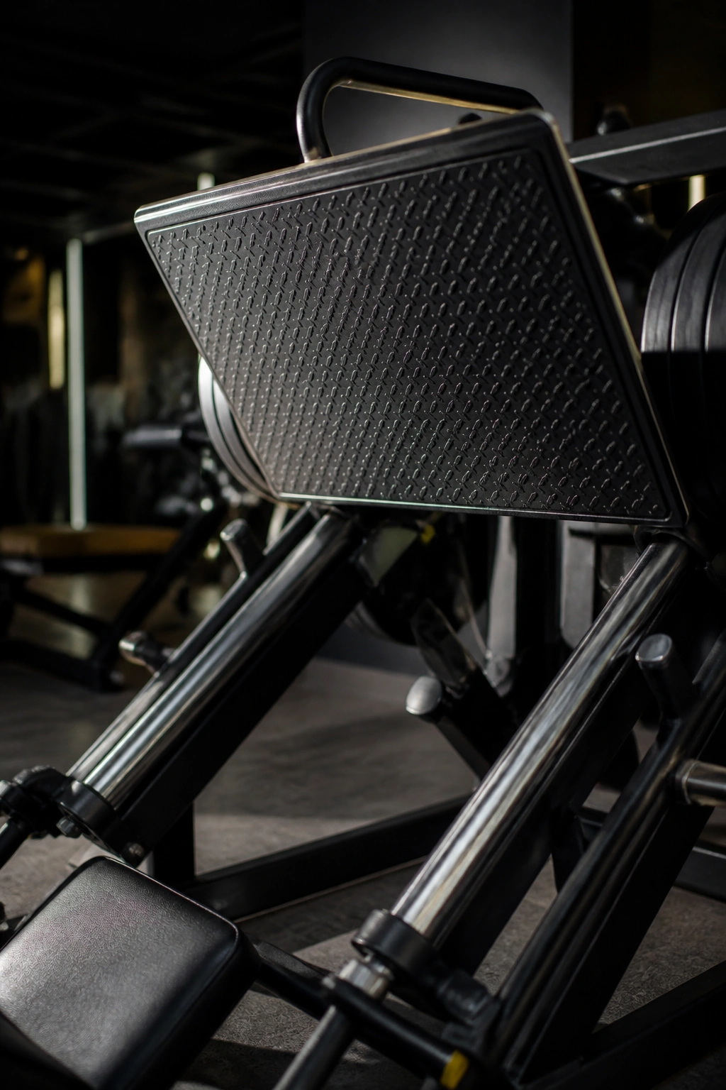 Leg Press machine close-up with footplate dominating frame in gym