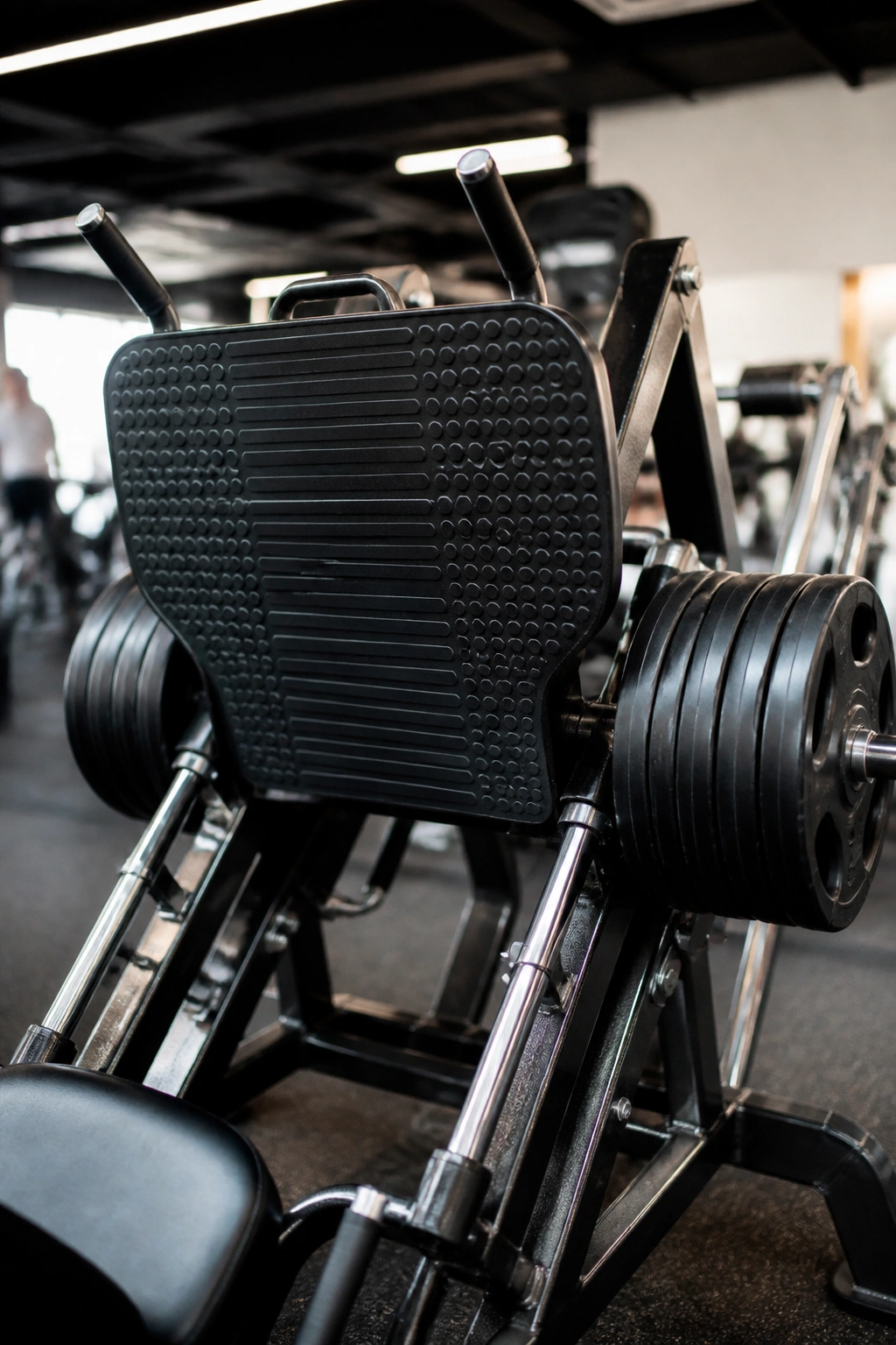 Leg press machine close-up on gym floor