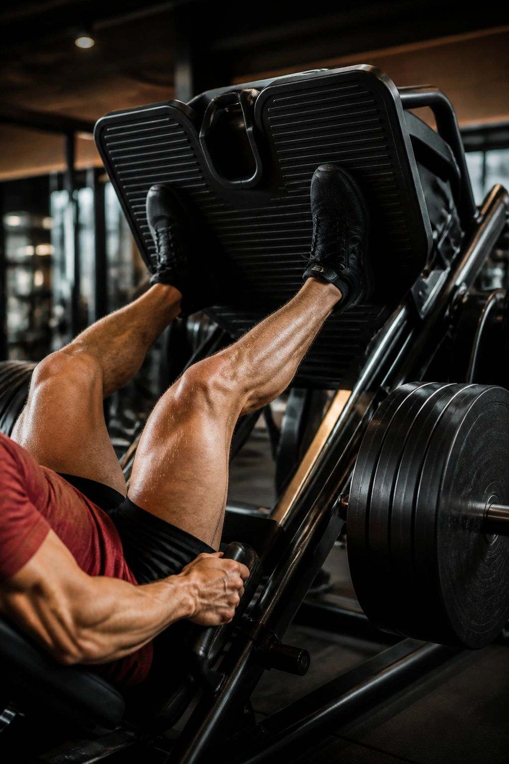 Leg press machine in action with legs pressing the platform