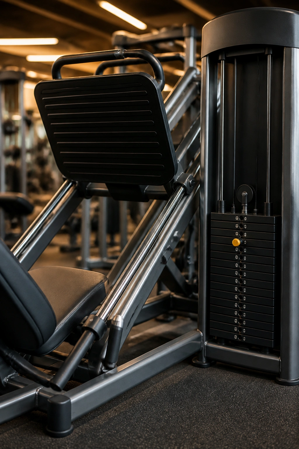 Close-up leg press machine in gym setting