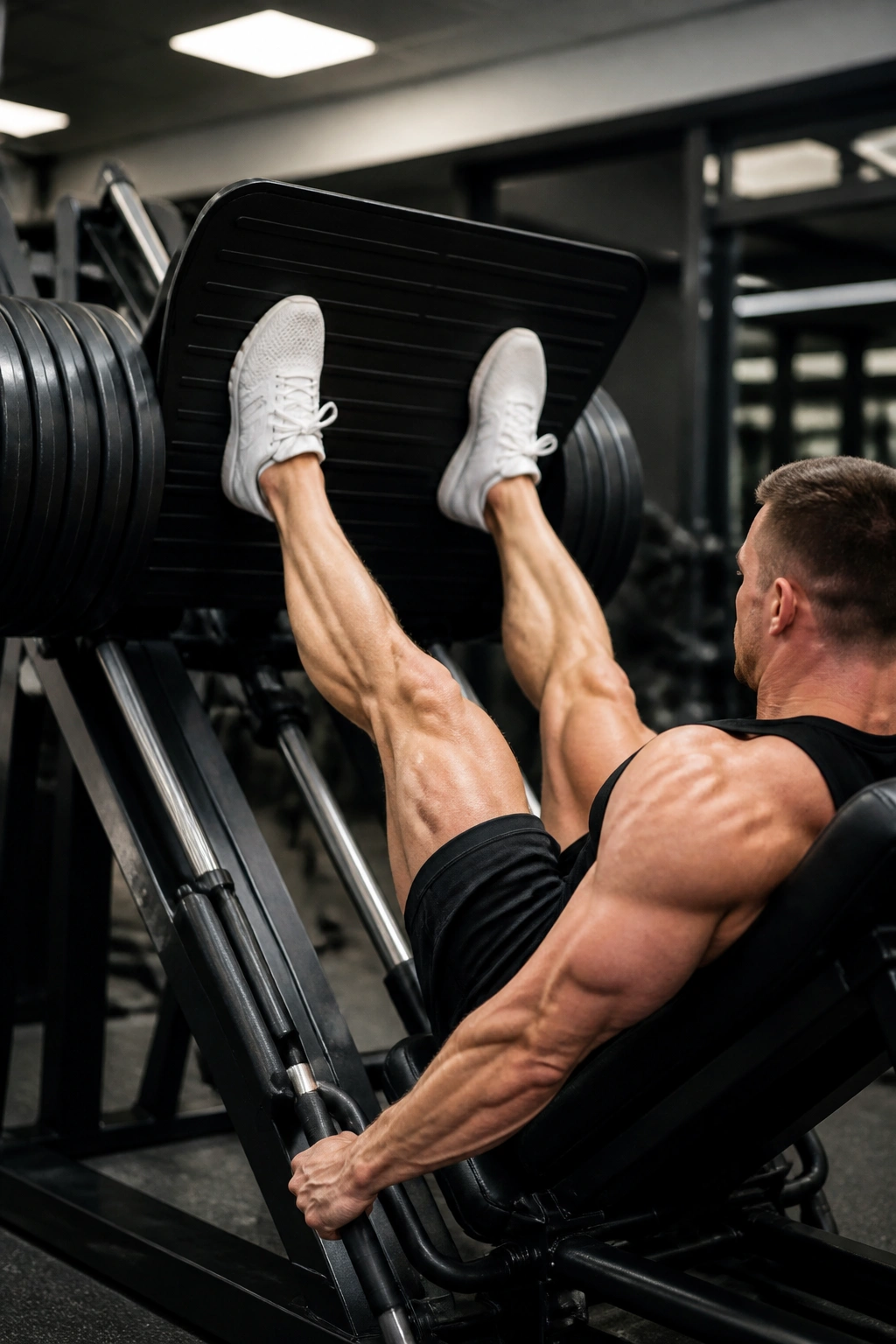 Athlete on leg press pushing sled with thighs filling frame