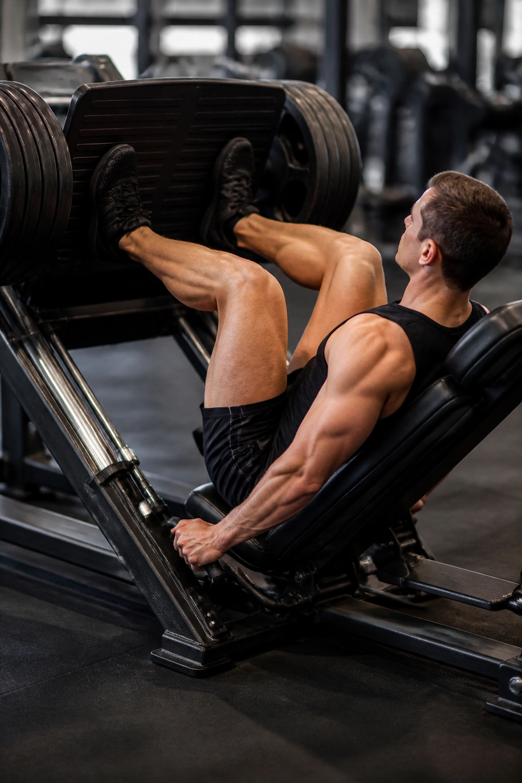 Mid-shot of a lifter on a leg press machine, showing quad engagement