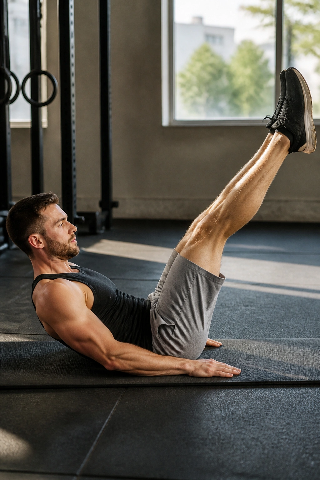 Person performing leg raise with pelvis tucked on gym mat