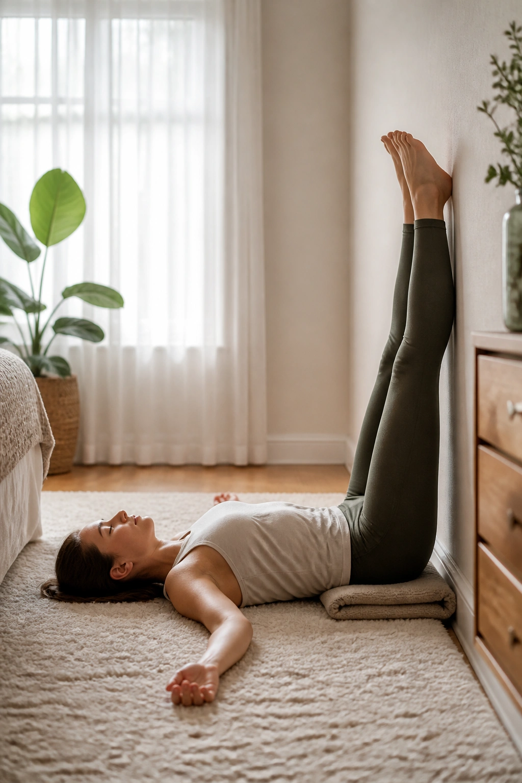 Person in Legs-Up-the-Wall pose resting in a cozy bedroom