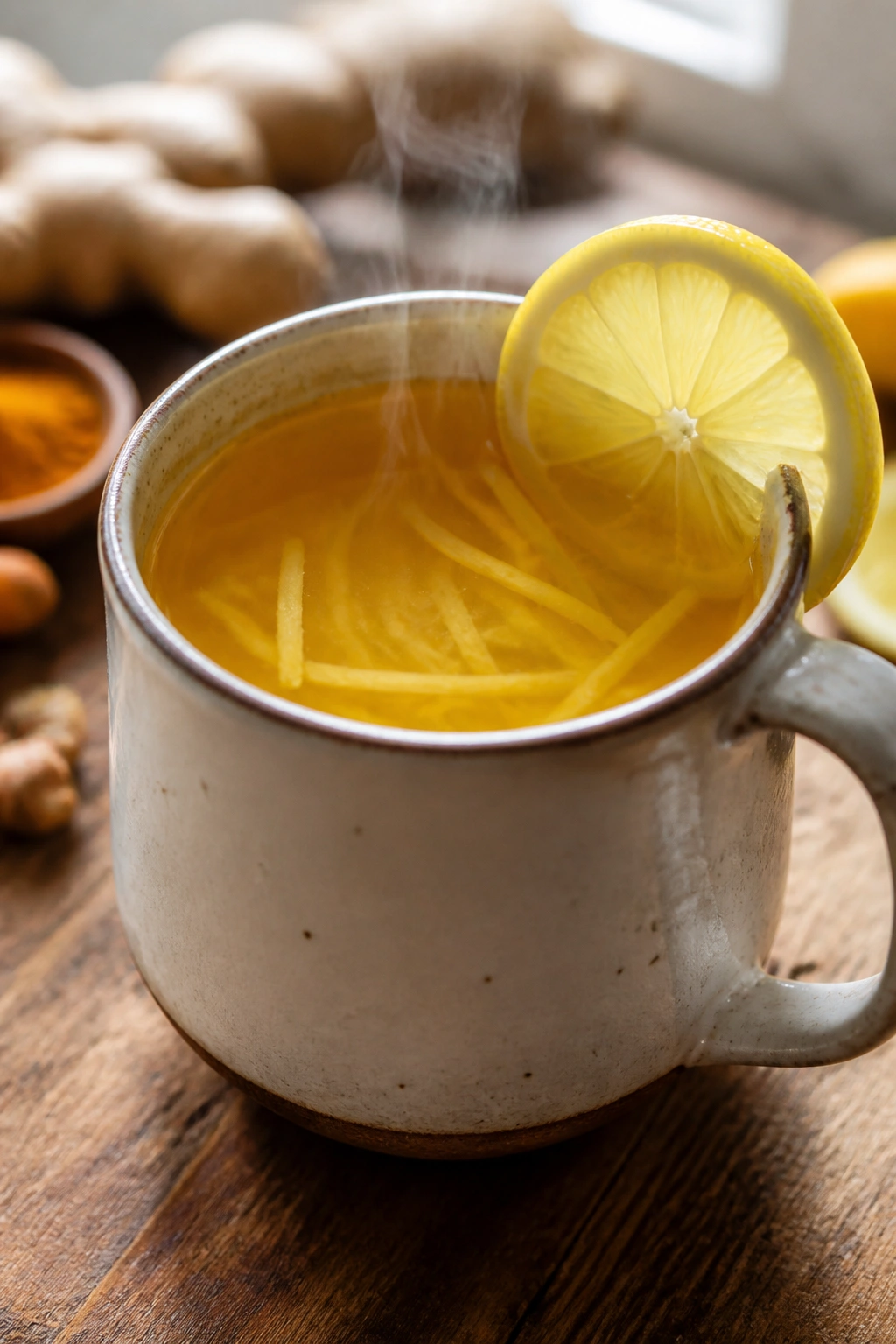 Close-up of steaming lemon ginger turmeric tea in a mug on a wooden counter