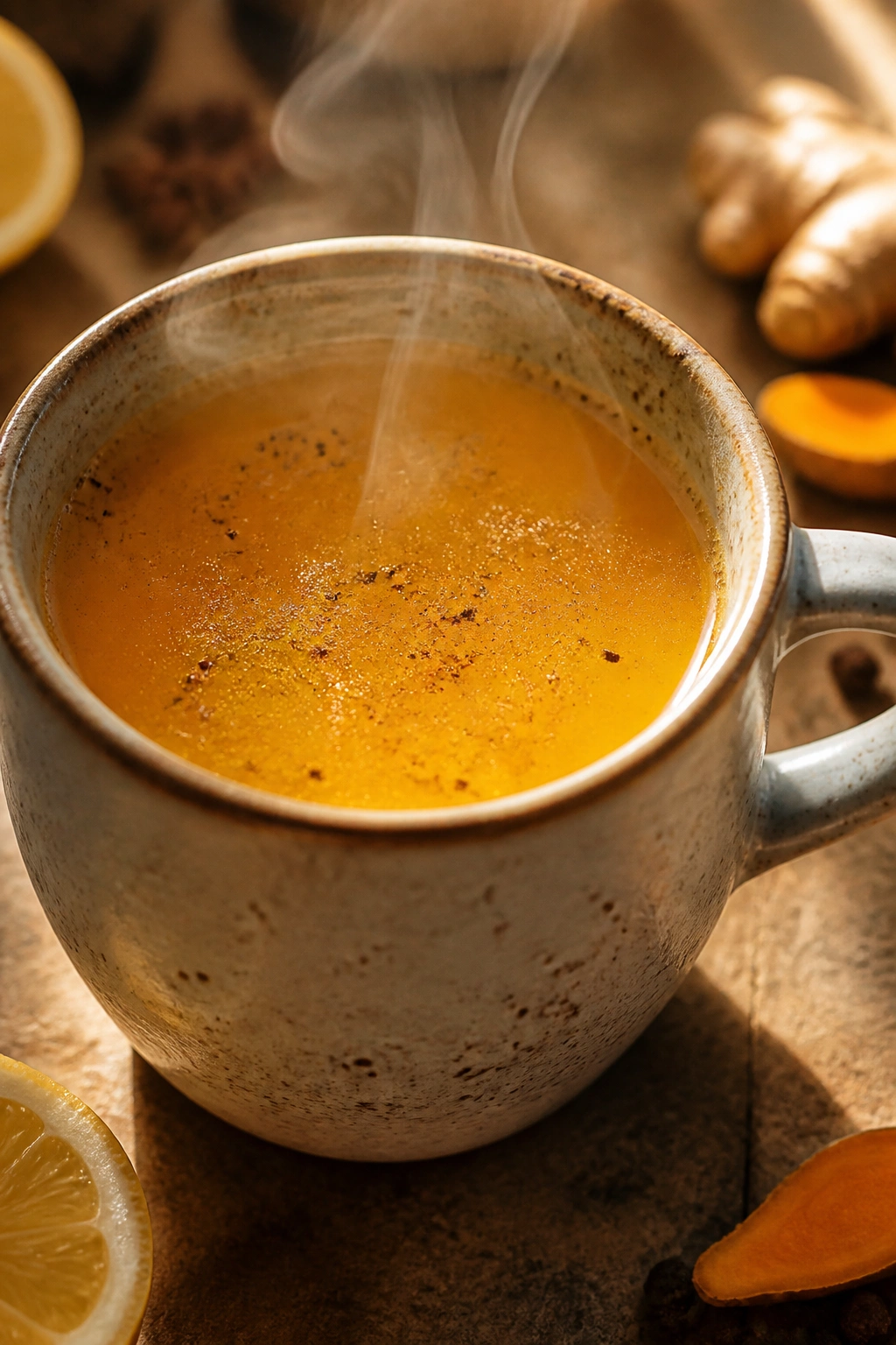 Steaming amber tea with pepper specks and hint of cayenne in a mug