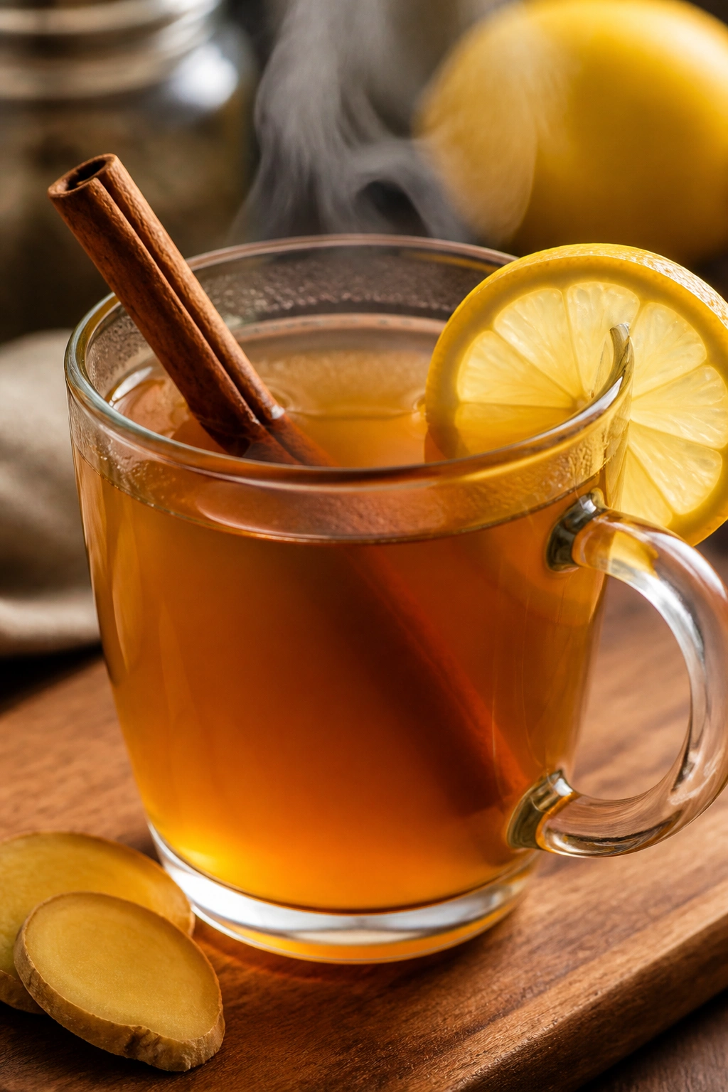 Close-up of Warm Lemon Cinnamon Tea in a mug with cinnamon and lemon.