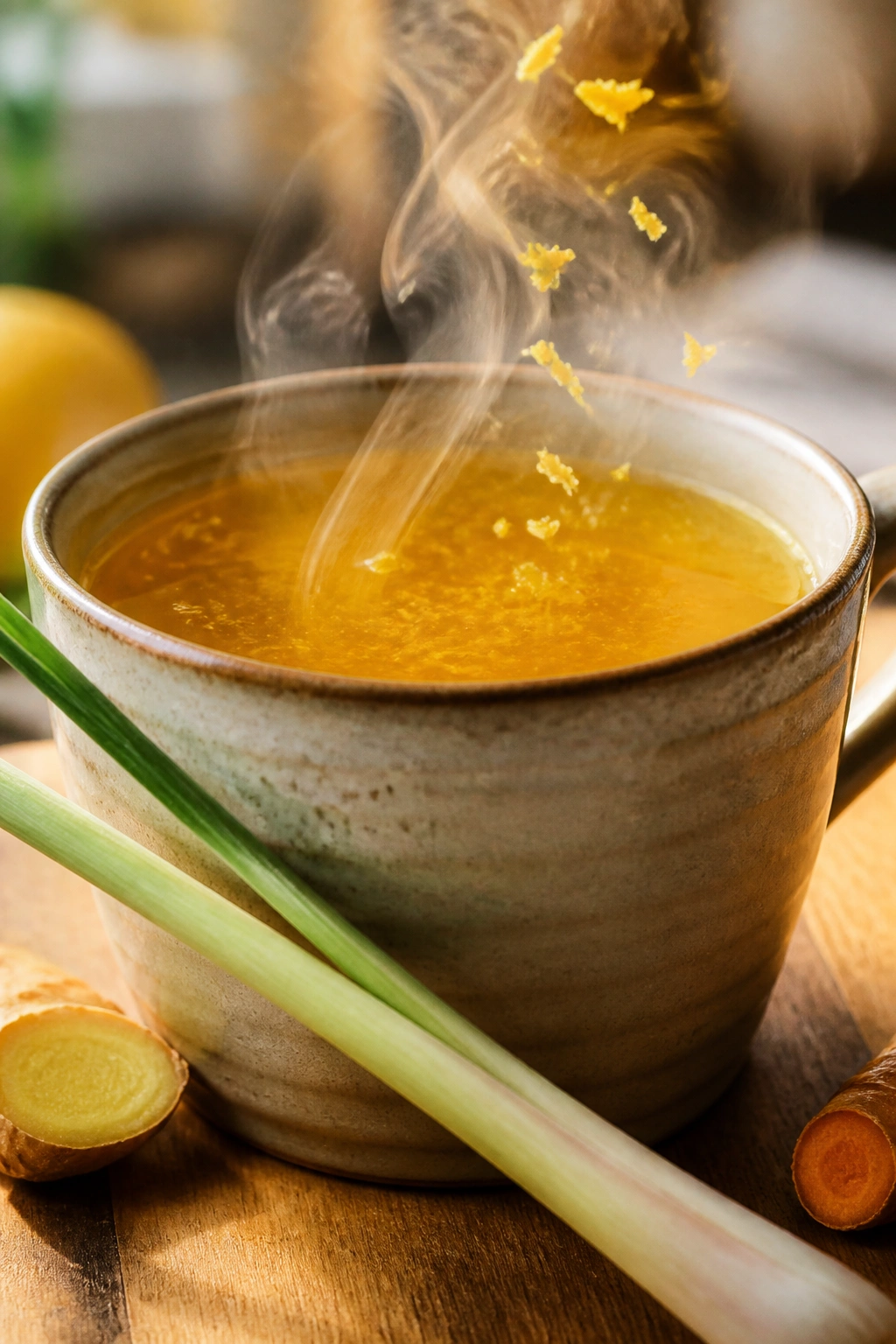 Mug of lemongrass lemon ginger turmeric tea with lemongrass stalk across the mug.
