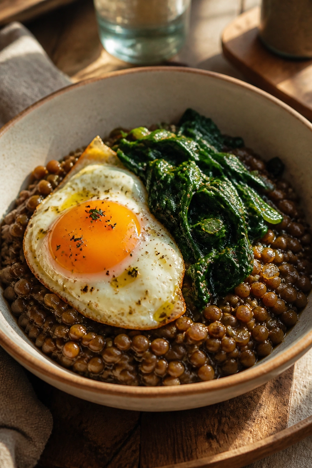 Close-up of lentil and greens breakfast bowl with egg on a rustic counter.