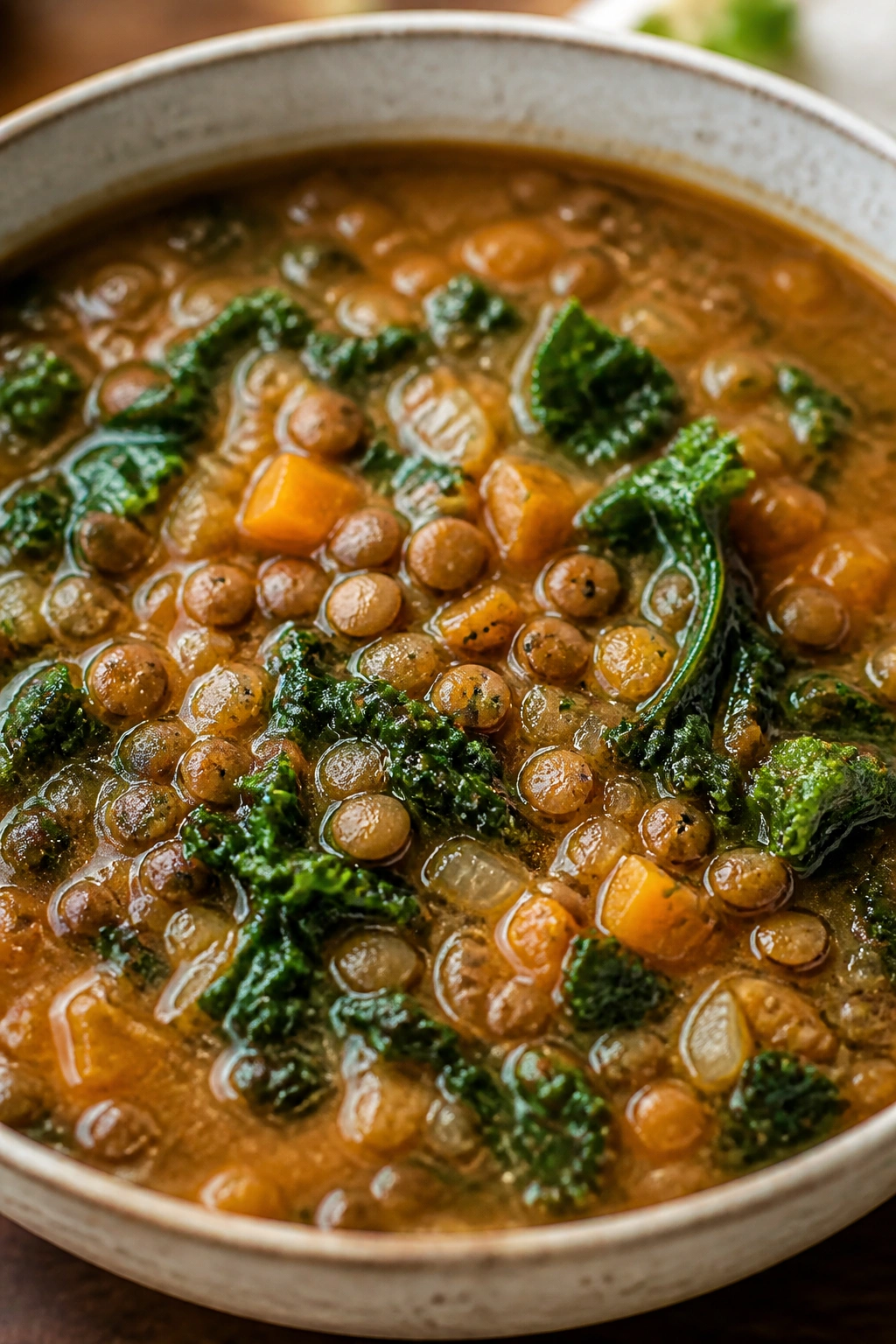 Bowl of lentil soup with kale