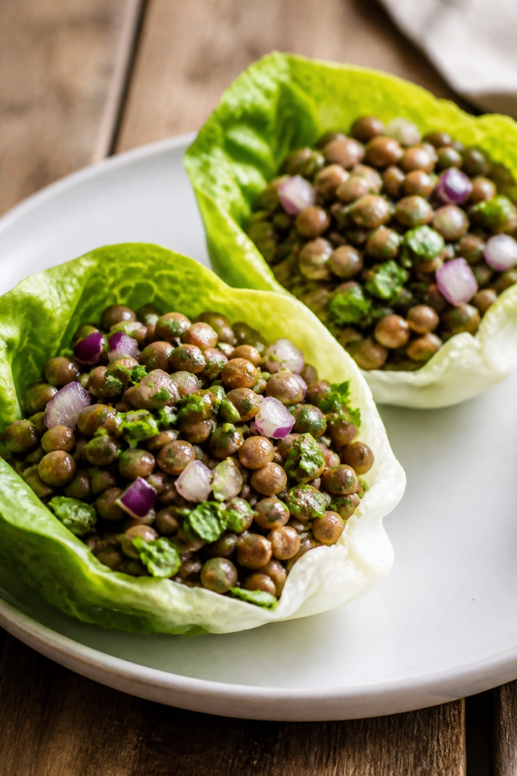 Two romaine lettuce cups filled with lentil salad on a plate.