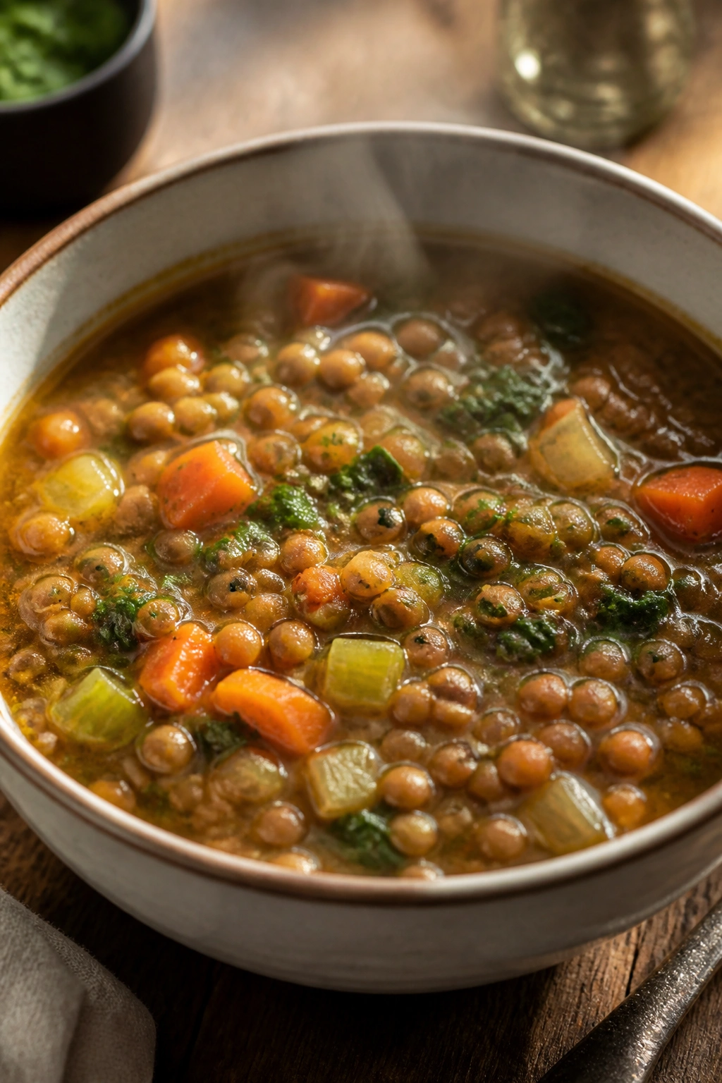 Bowl of lentil soup with vegetables on a rustic table