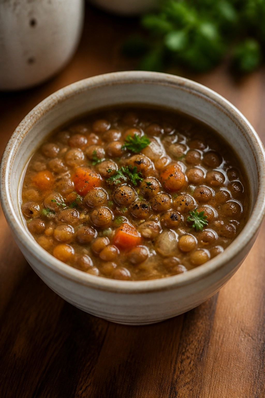 Small bowl of lentil soup on wooden table