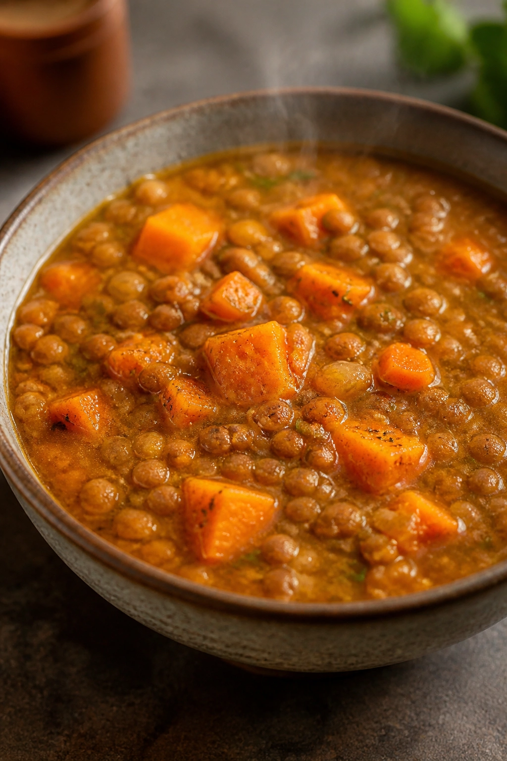 Bowl of lentil and sweet potato soup with red lentils and chunks of sweet potato