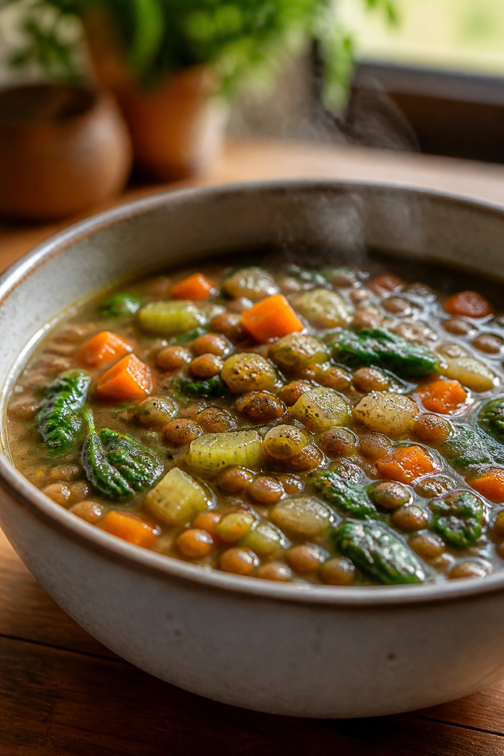Steaming lentil vegetable soup in a bowl on a wooden table
