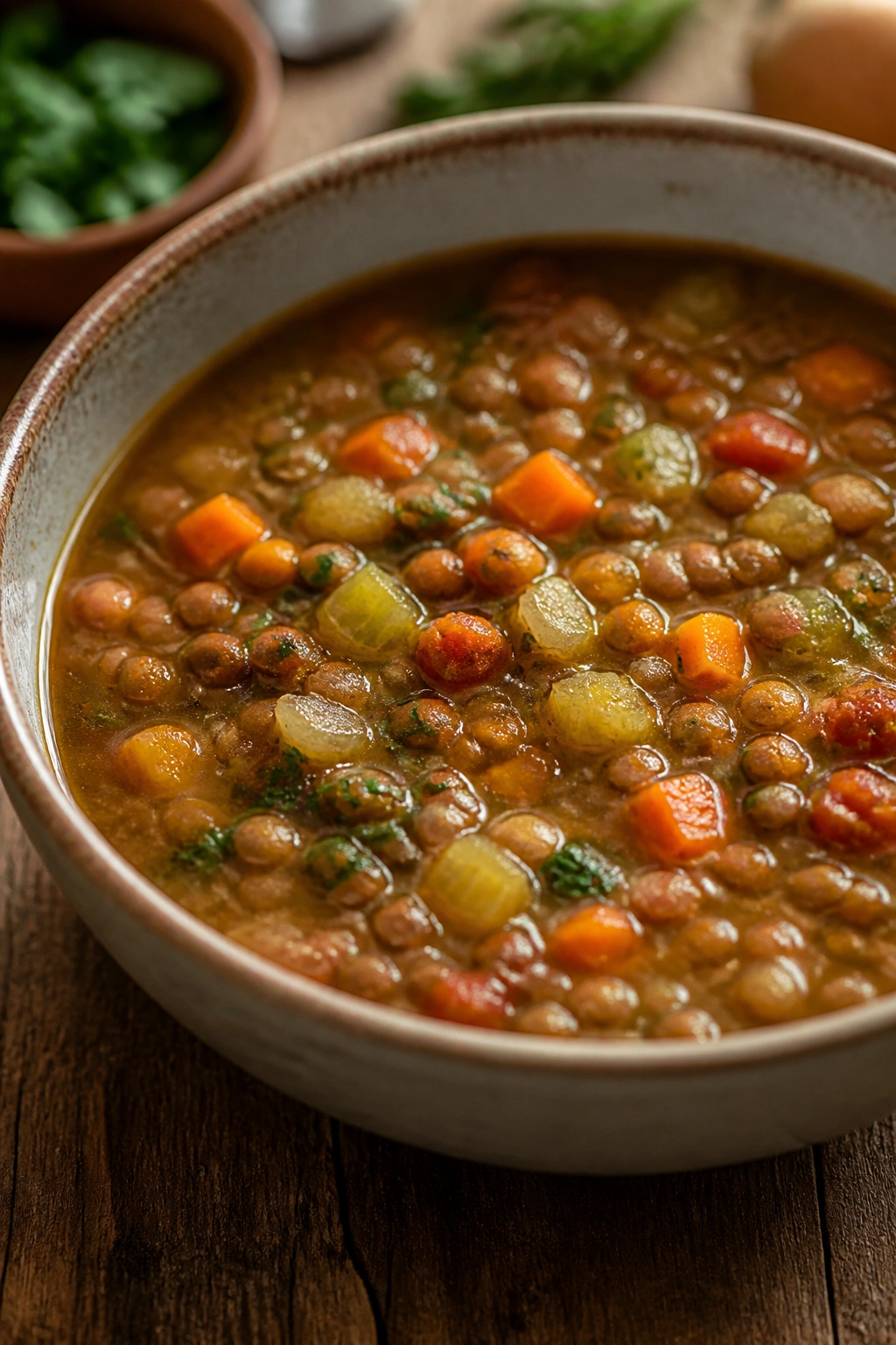 Bowl of lentil and vegetable soup with carrot and celery on a wooden table