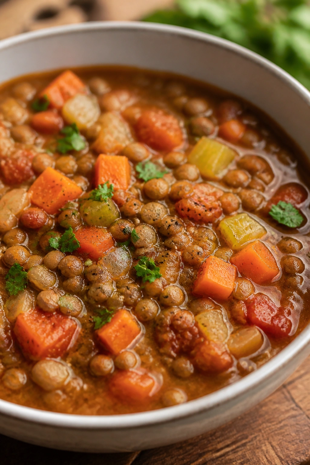 Bowl of lentil and vegetable stew on a wooden table