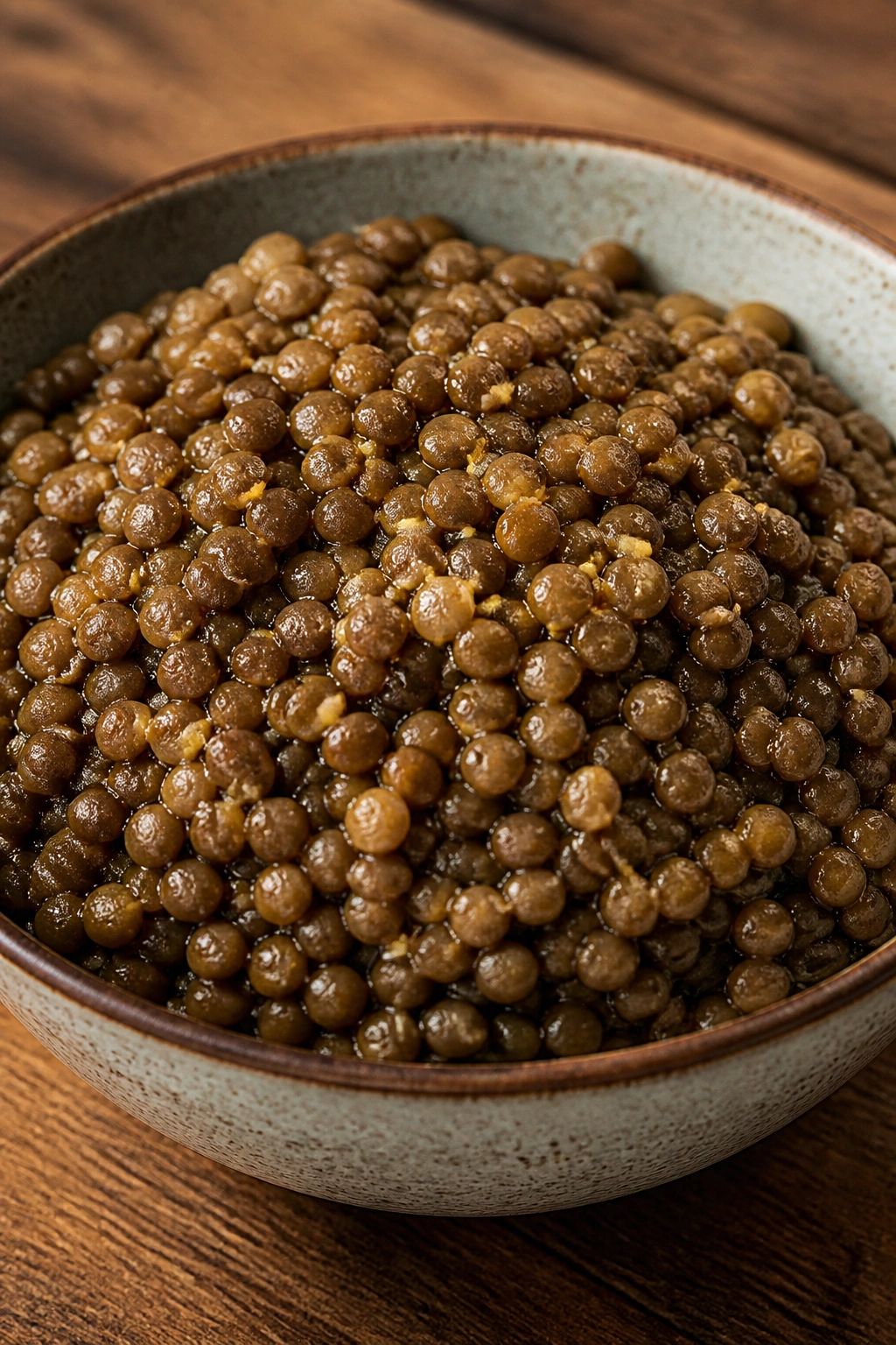 Close-up of cooked lentils in a bowl on a wooden table