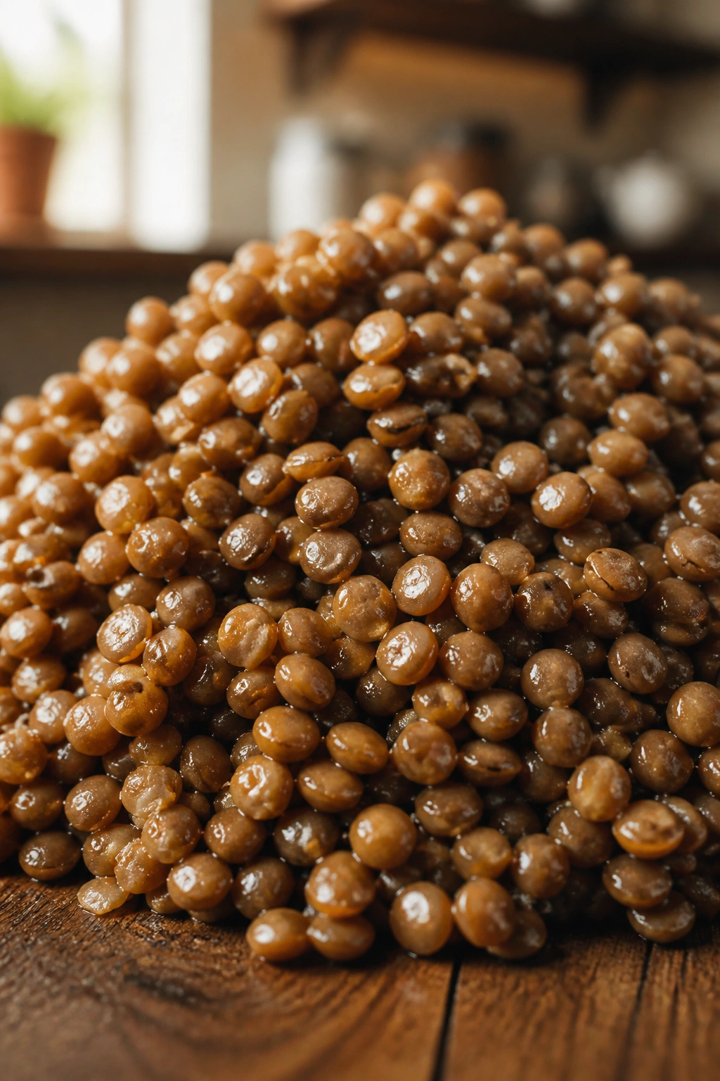 Close-up of cooked lentils mound on wooden surface with warm kitchen light