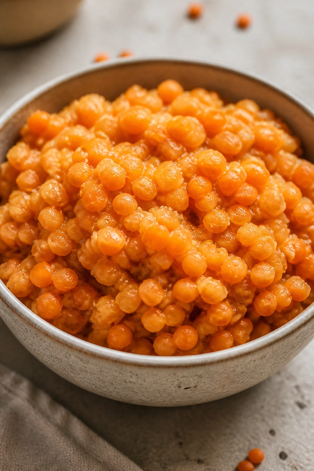 Bowl of cooked red lentils on a neutral kitchen surface.