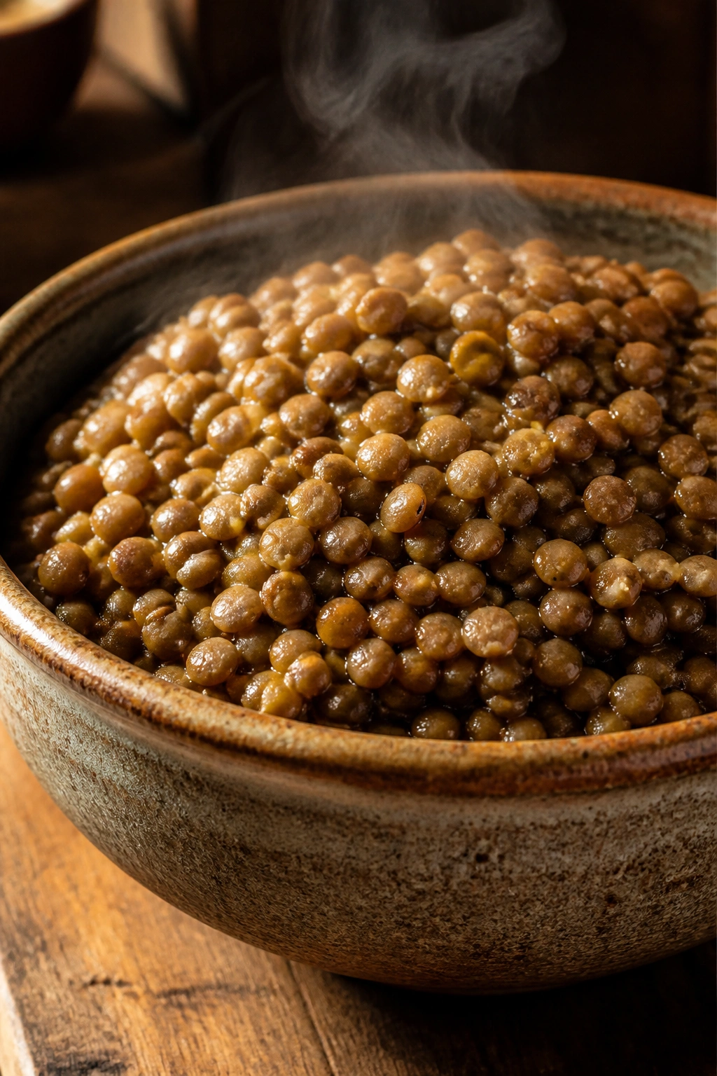 Cooked lentils in a rustic bowl