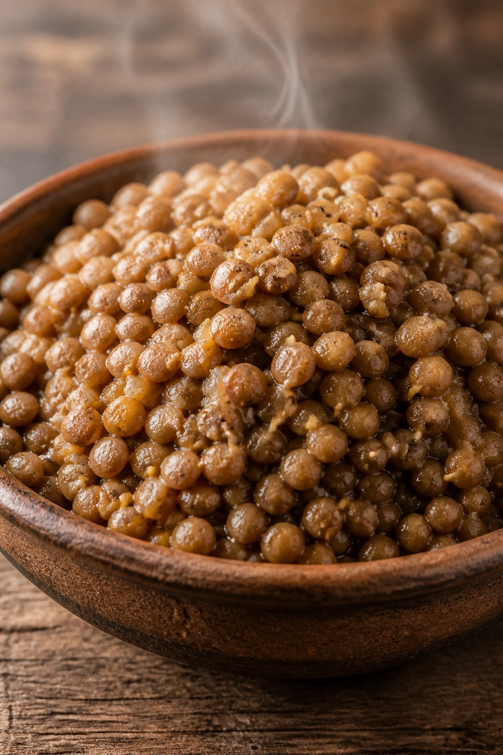 Close-up of cooked lentils in a bowl on a wooden table